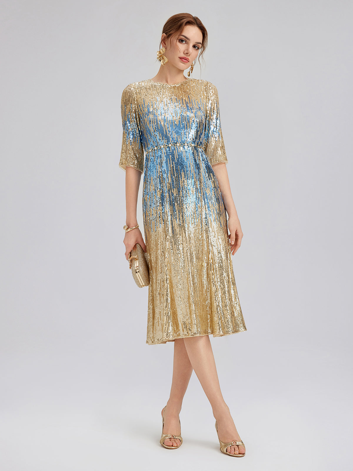 Soft Ombre Stretch Sequin Dress, BLUE GOLD / L Soft Ombre Stretch Sequin Dress, BLUE GOLD / L