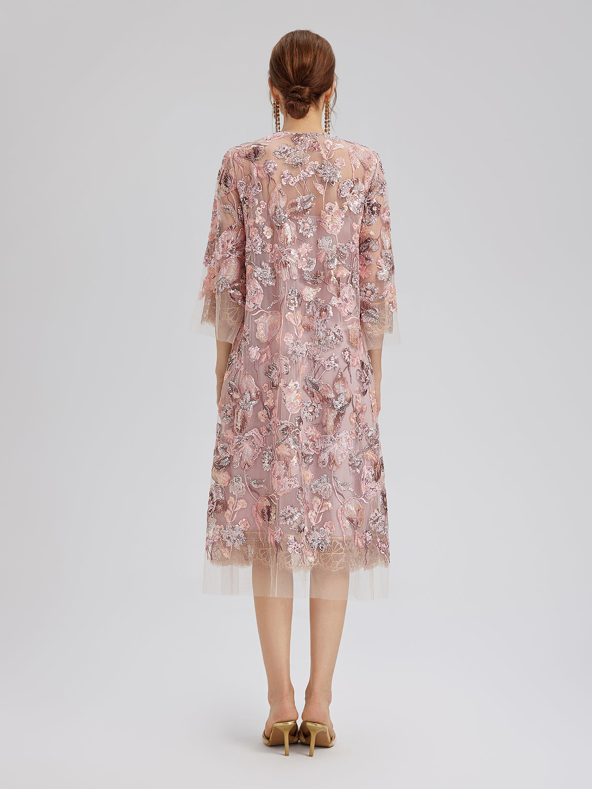 V-Neck Embroidered Sequin Floral Dress