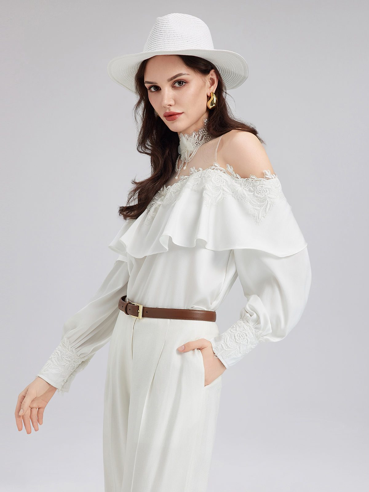 Final Sale | Off-Shoulder Ruffle Lace Mesh Top