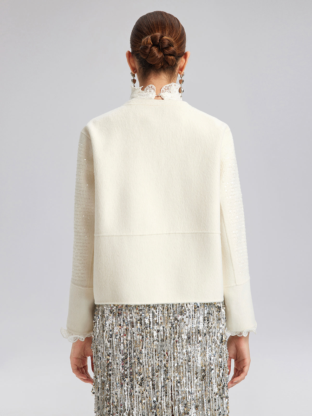Wool Sequin-Embroidered Round Neckline Jacket (100% Wool)