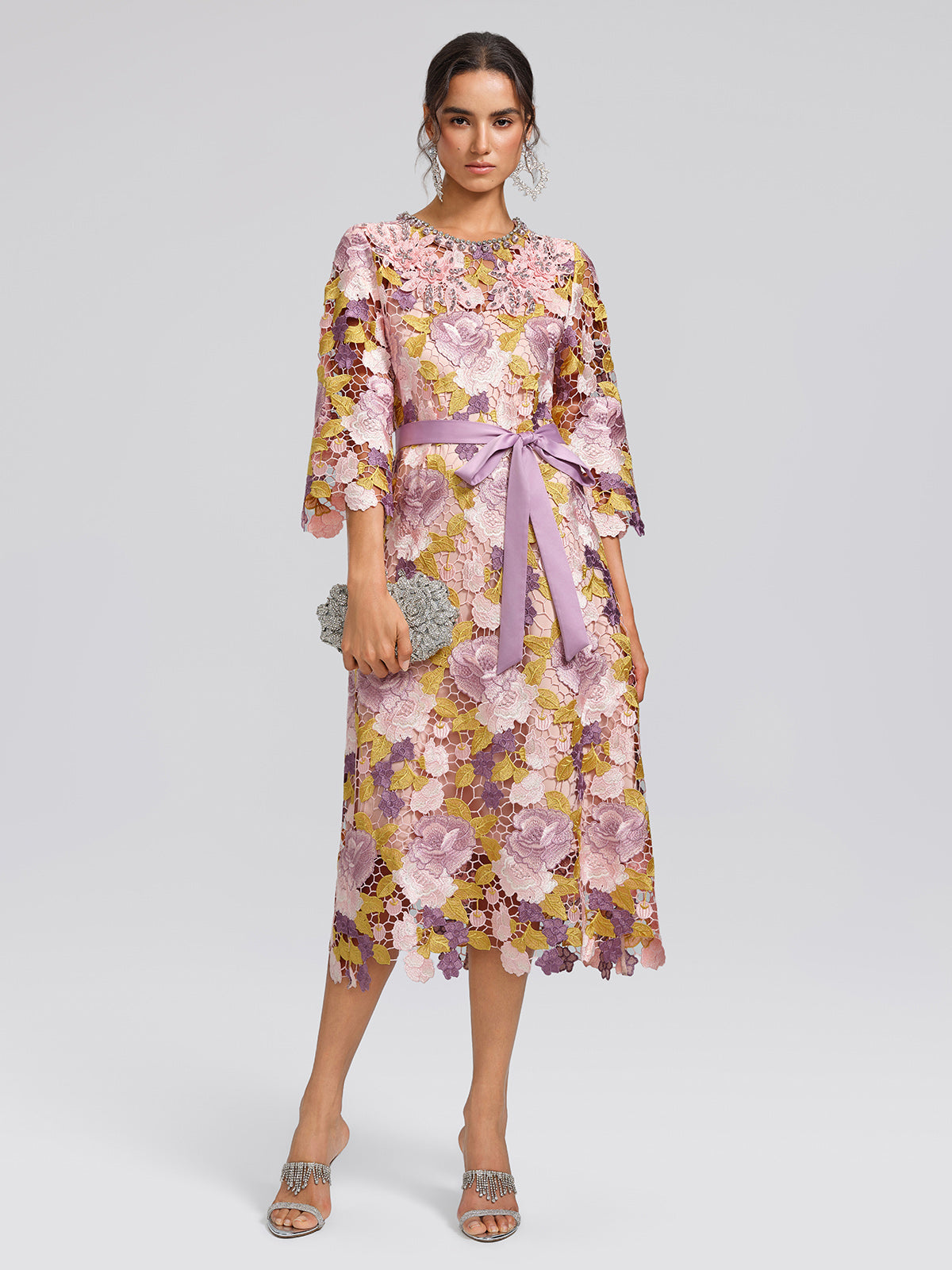 Embroidered Floral Lace Beaded Dress (Waist Tie & Slip Dress Included)