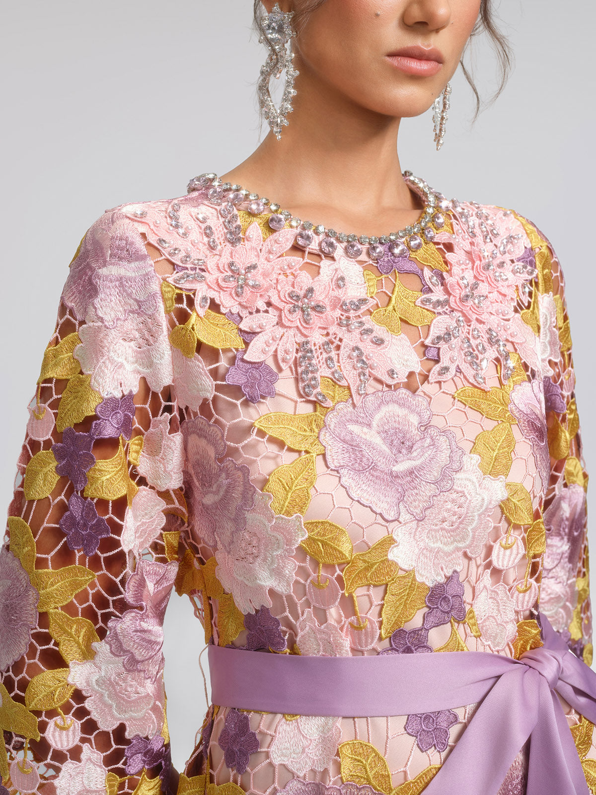 Embroidered Floral Lace Beaded Dress (Waist Tie & Slip Dress Included)