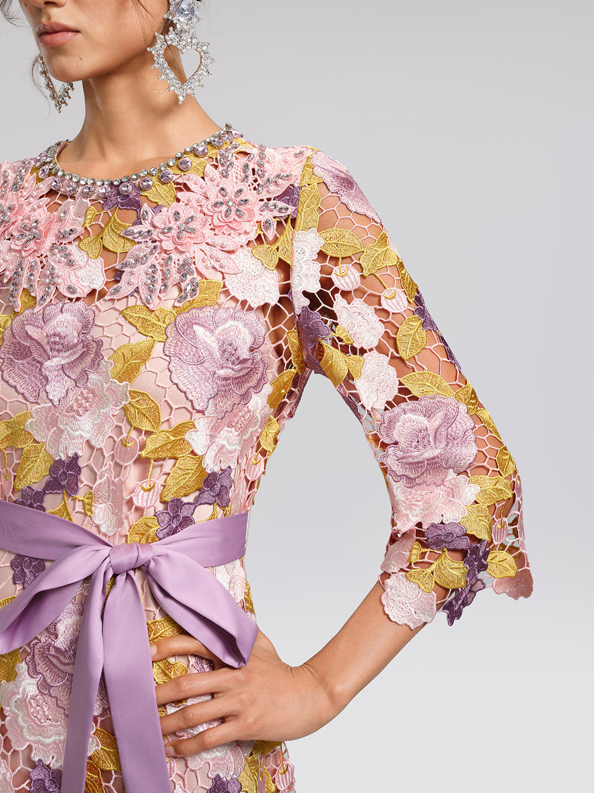 Embroidered Floral Lace Beaded Dress (Waist Tie & Slip Dress Included)