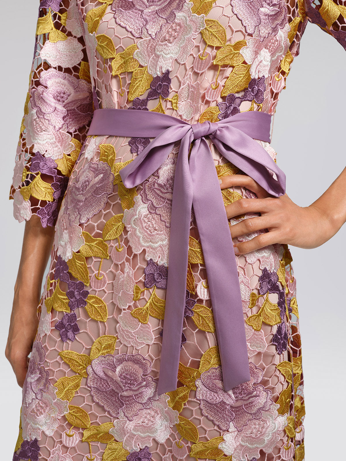 Embroidered Floral Lace Beaded Dress (Waist Tie & Slip Dress Included)