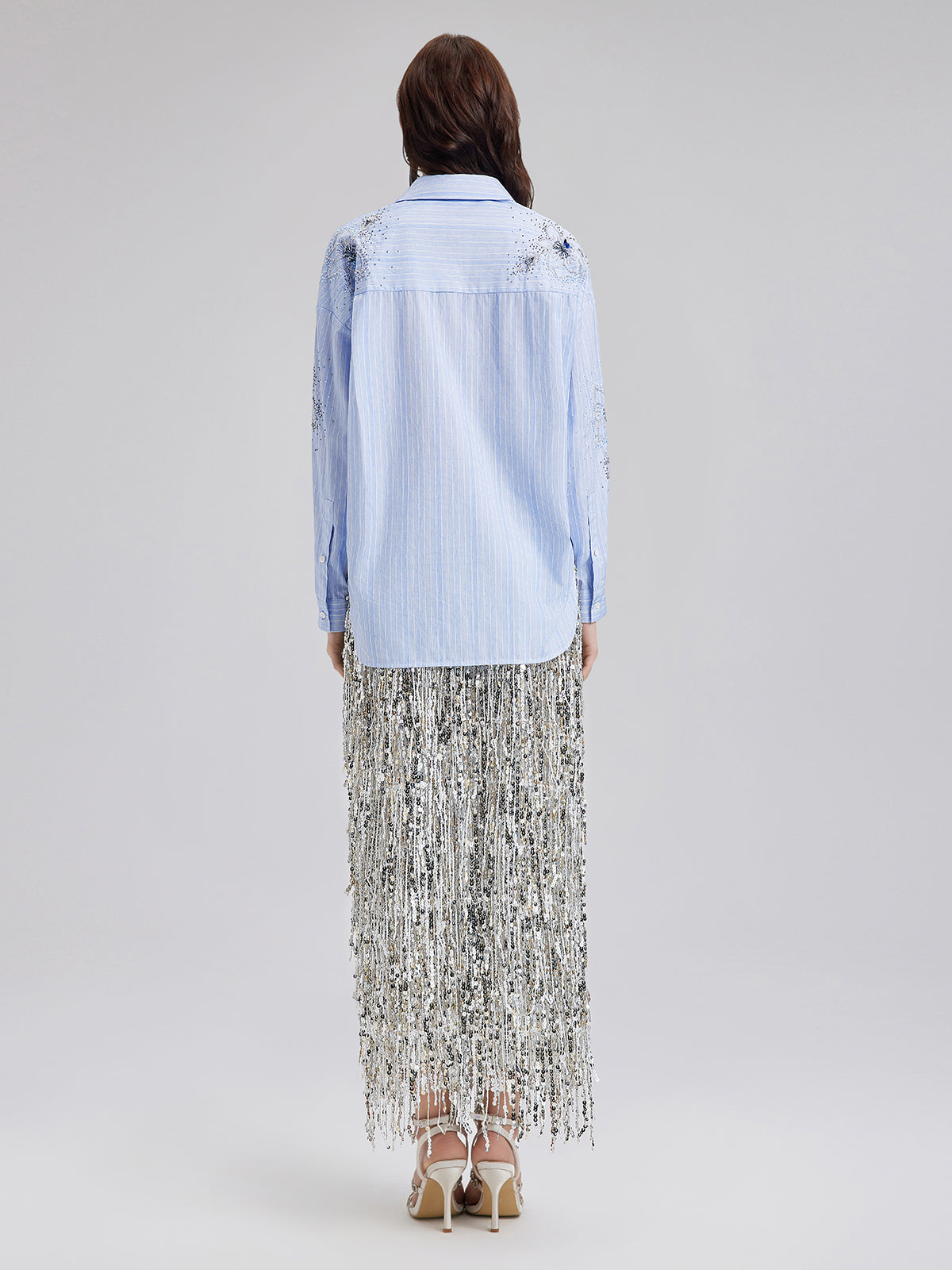 Hand-Beaded Floral Striped Shirt