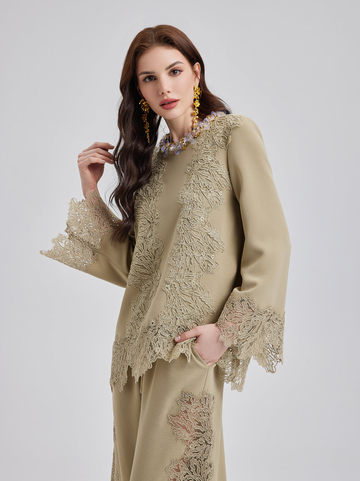 Final Sale | Lace-Trim Flare Sleeve Blouse