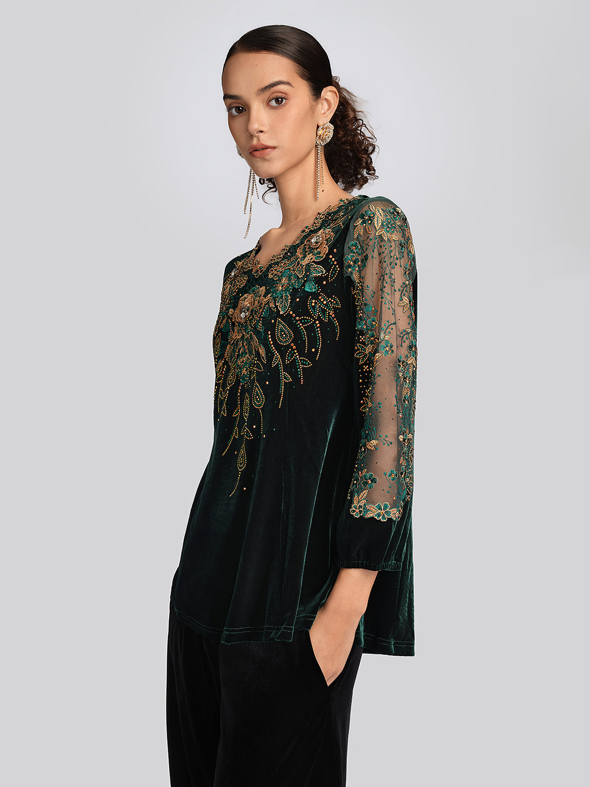 Velvet 3D Floral Embroidered Blouse