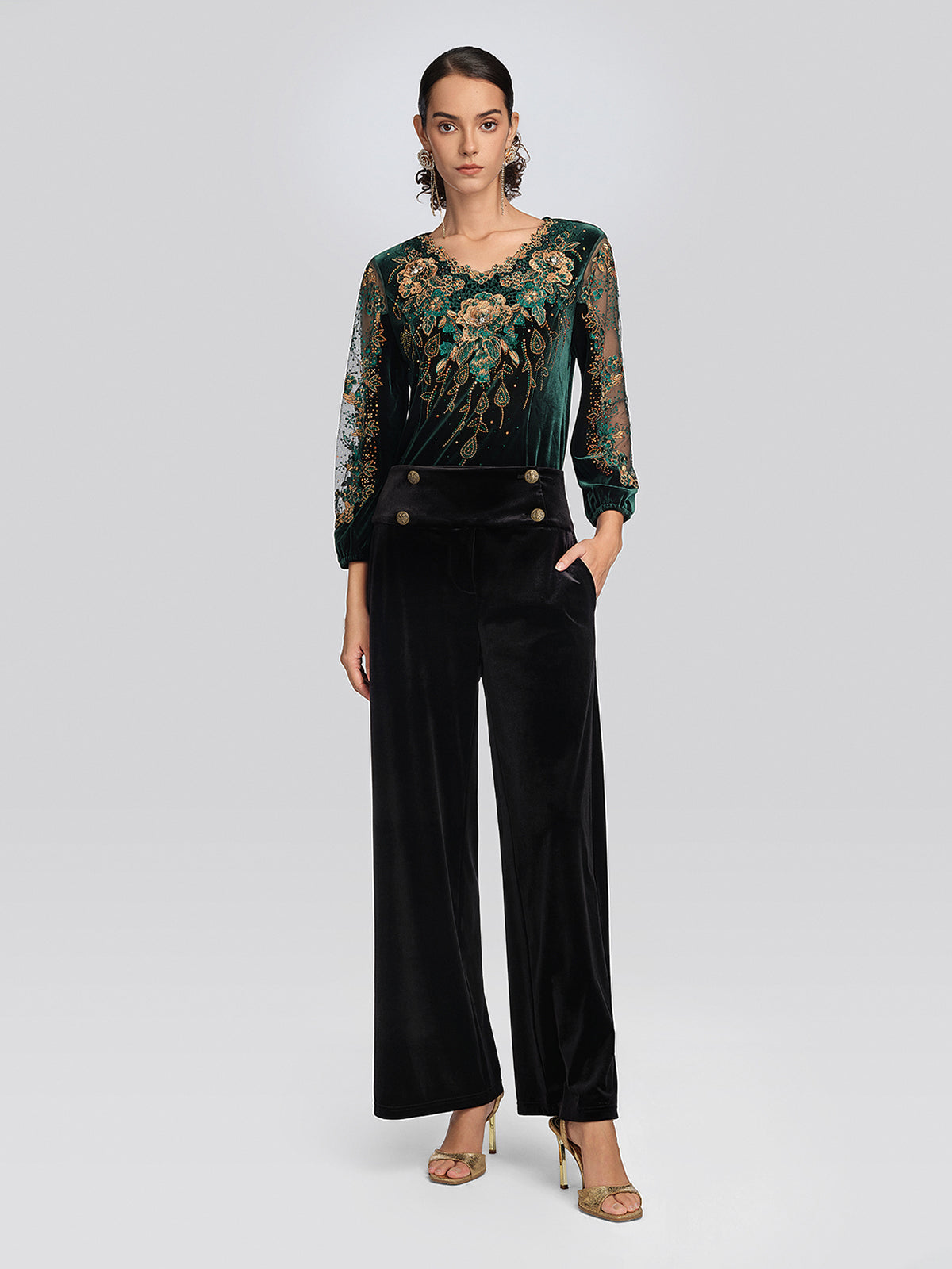 Velvet 3D Floral Embroidered Blouse