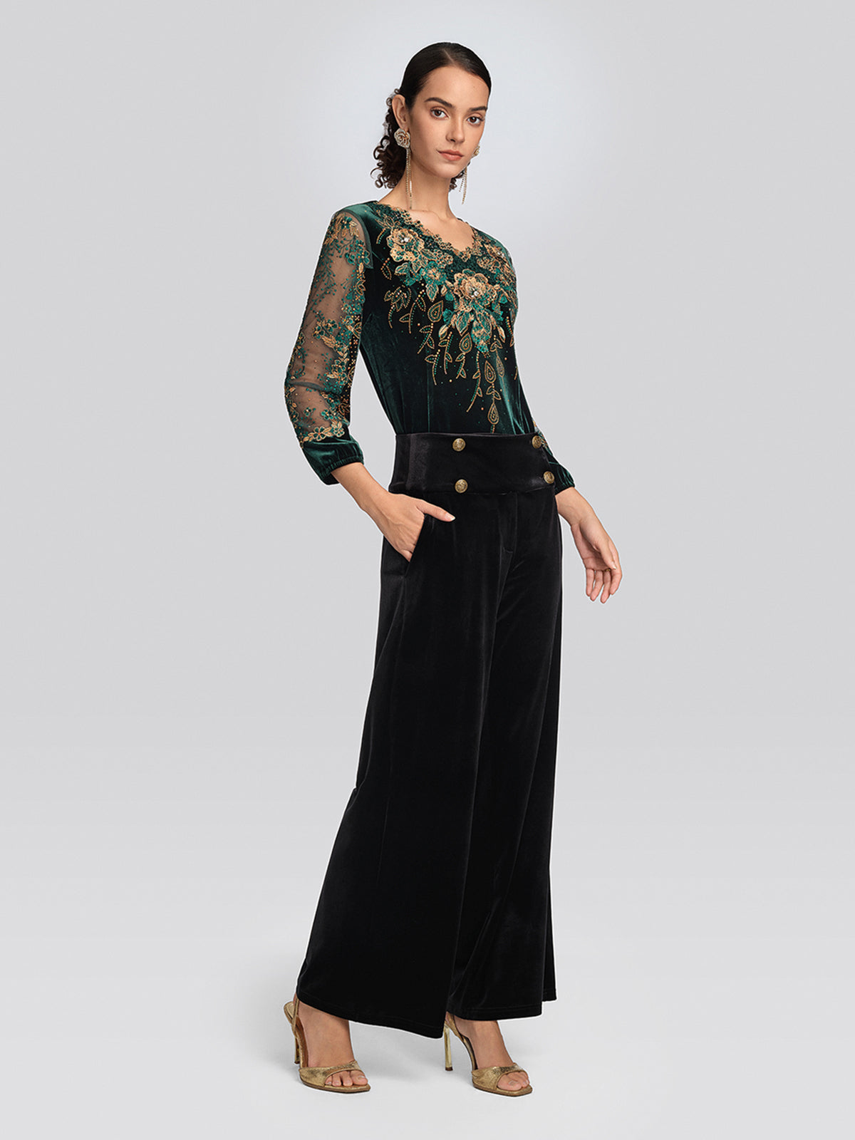 Velvet 3D Floral Embroidered Blouse