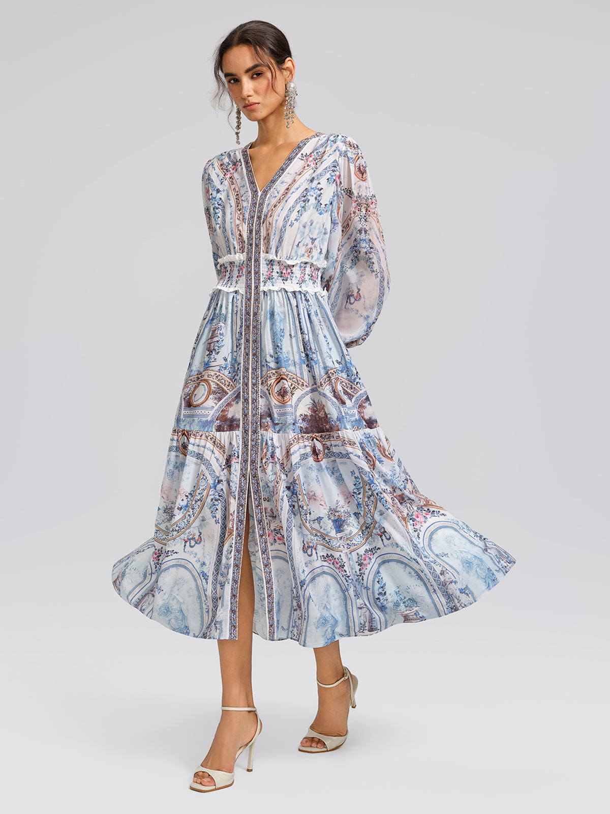 Printed Rhinestone Smocked Waist Dress