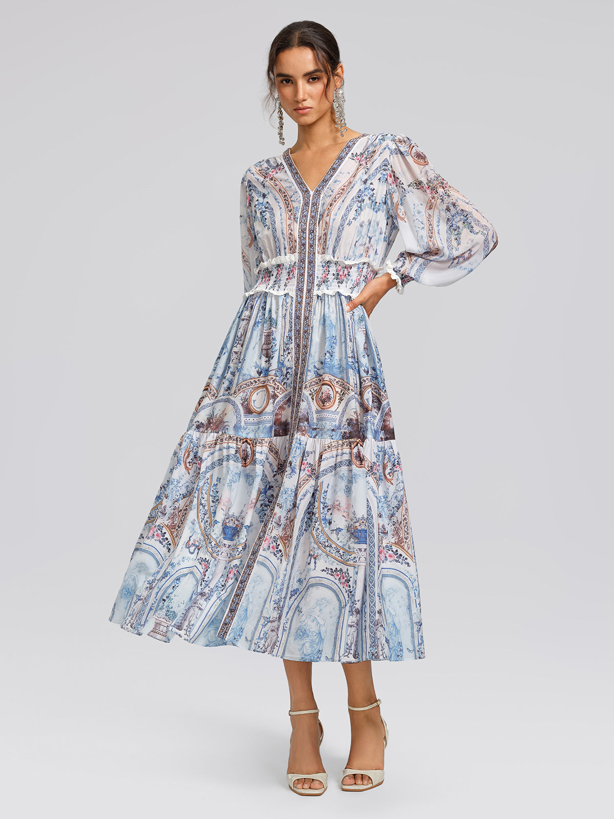 Printed Rhinestone Smocked Waist Dress