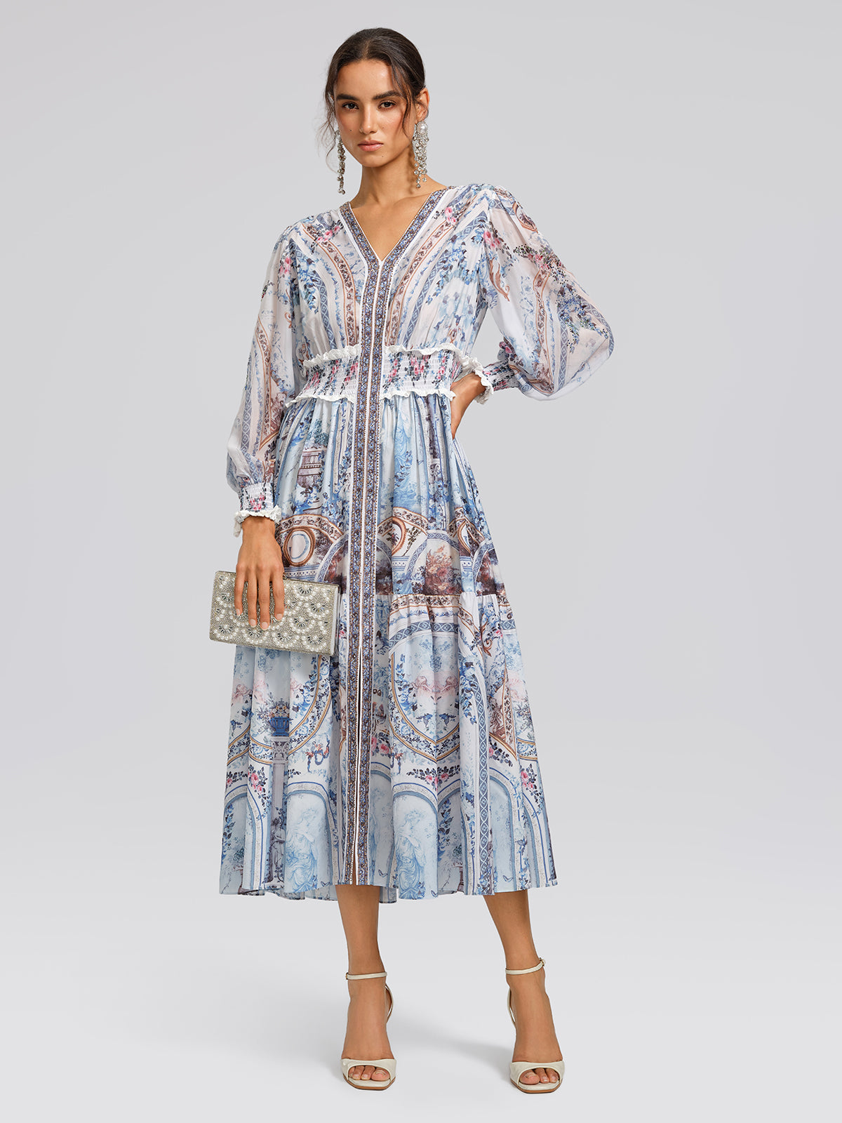 Printed Rhinestone Smocked Waist Dress
