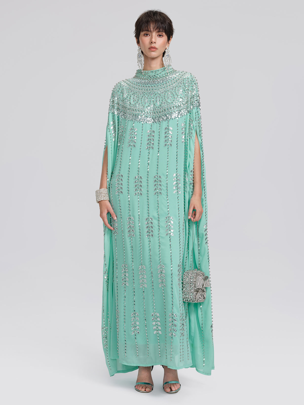 Hand-Beaded Rhinestone Cape Robe (Inner Wear Included)