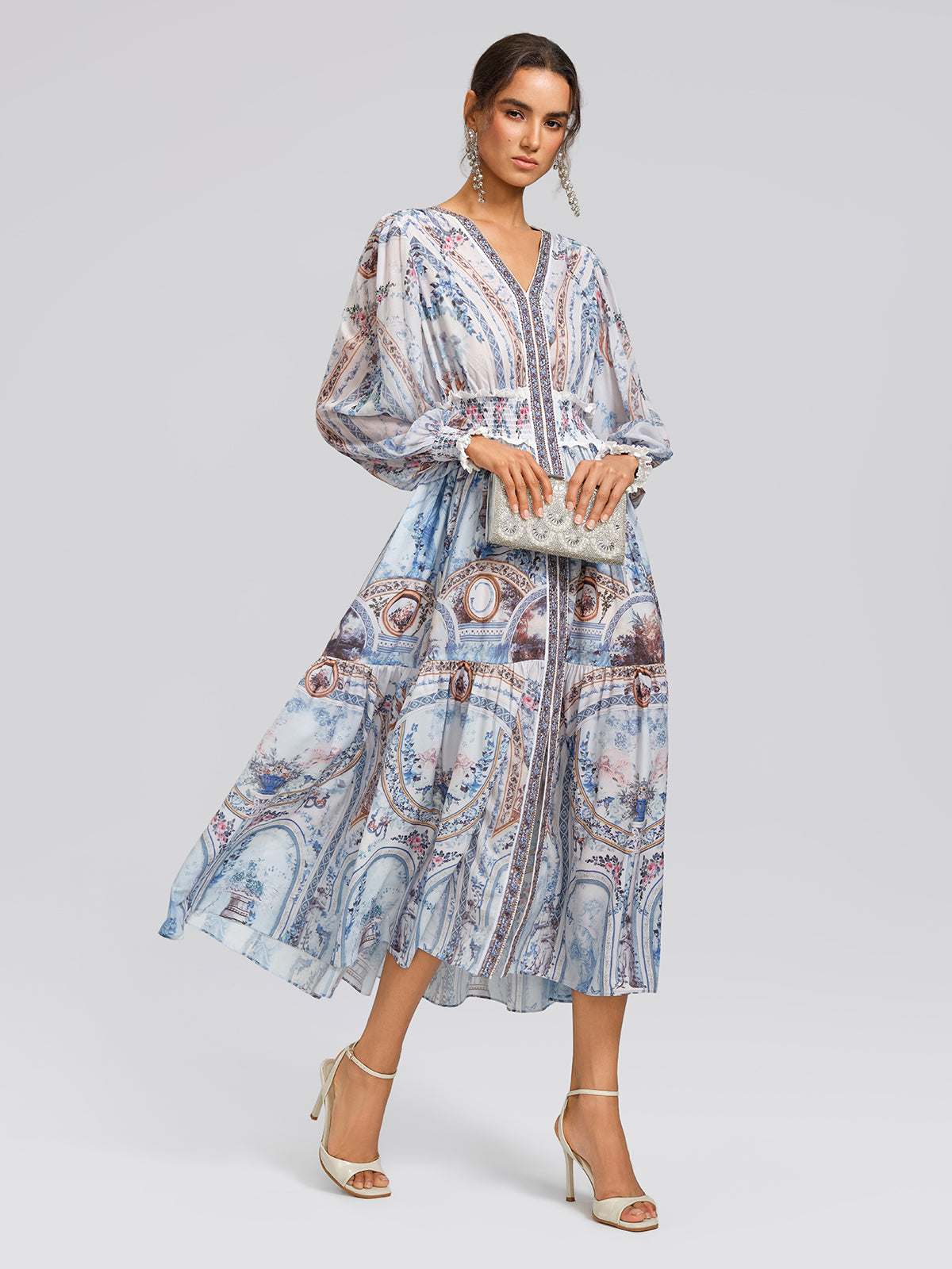 Printed Rhinestone Smocked Waist Dress