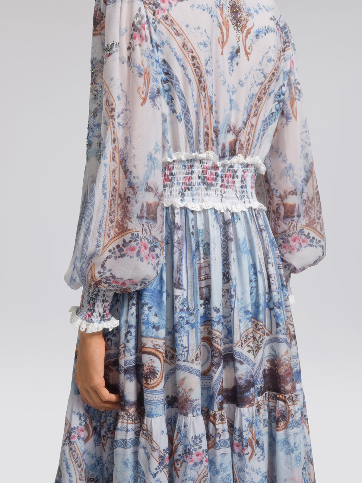 Printed Rhinestone Smocked Waist Dress