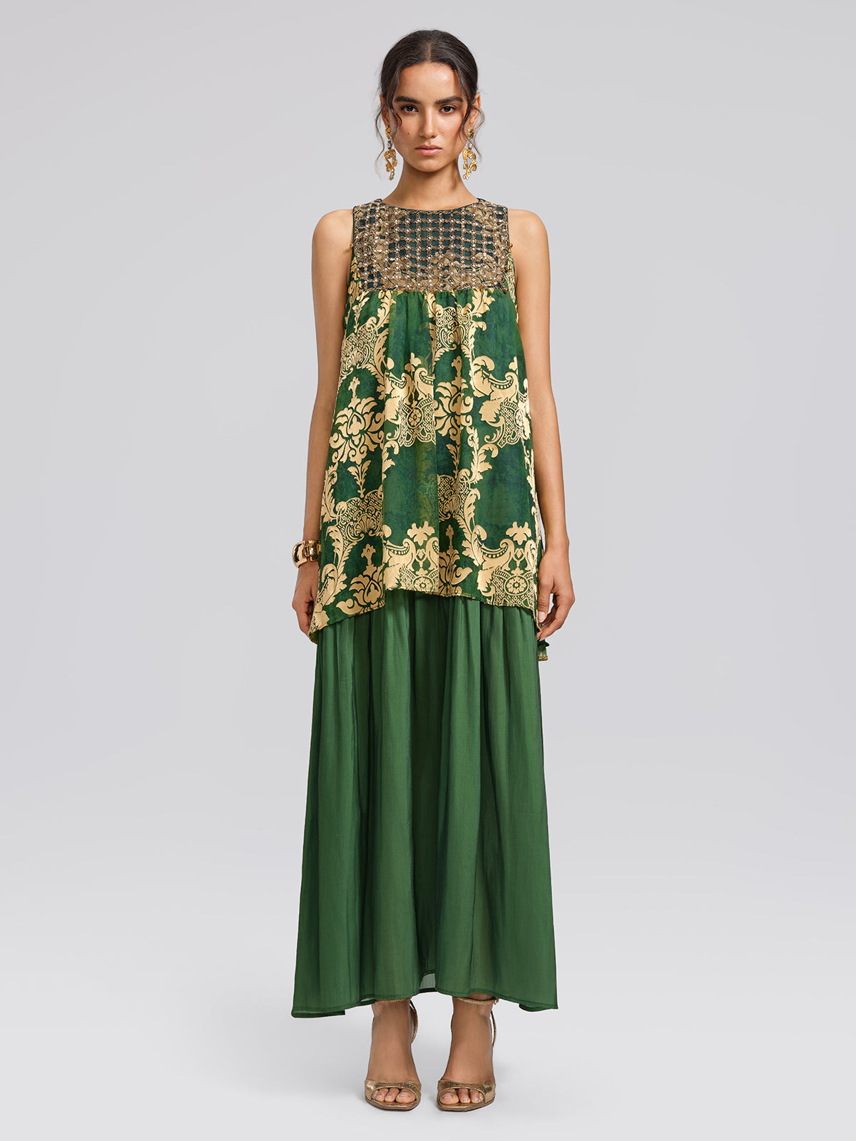 Pleated Jacquard Chiffon Beaded Gown