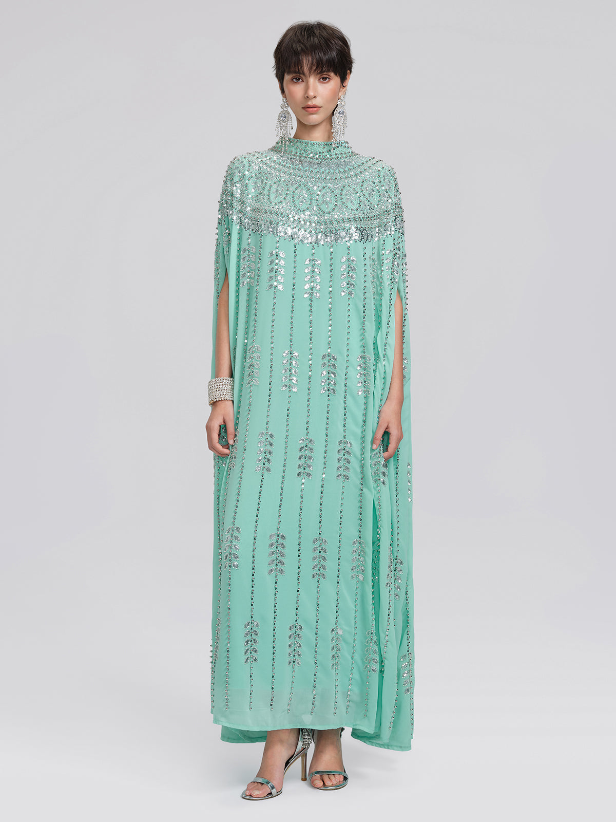 Hand-Beaded Rhinestone Cape Robe (Inner Wear Included)