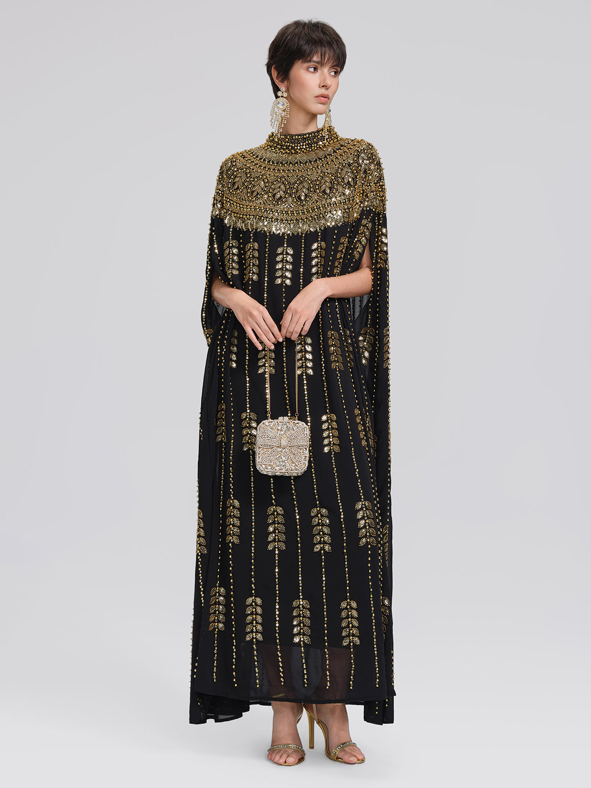 Hand-Beaded Rhinestone Cape Robe (Inner Wear Included)