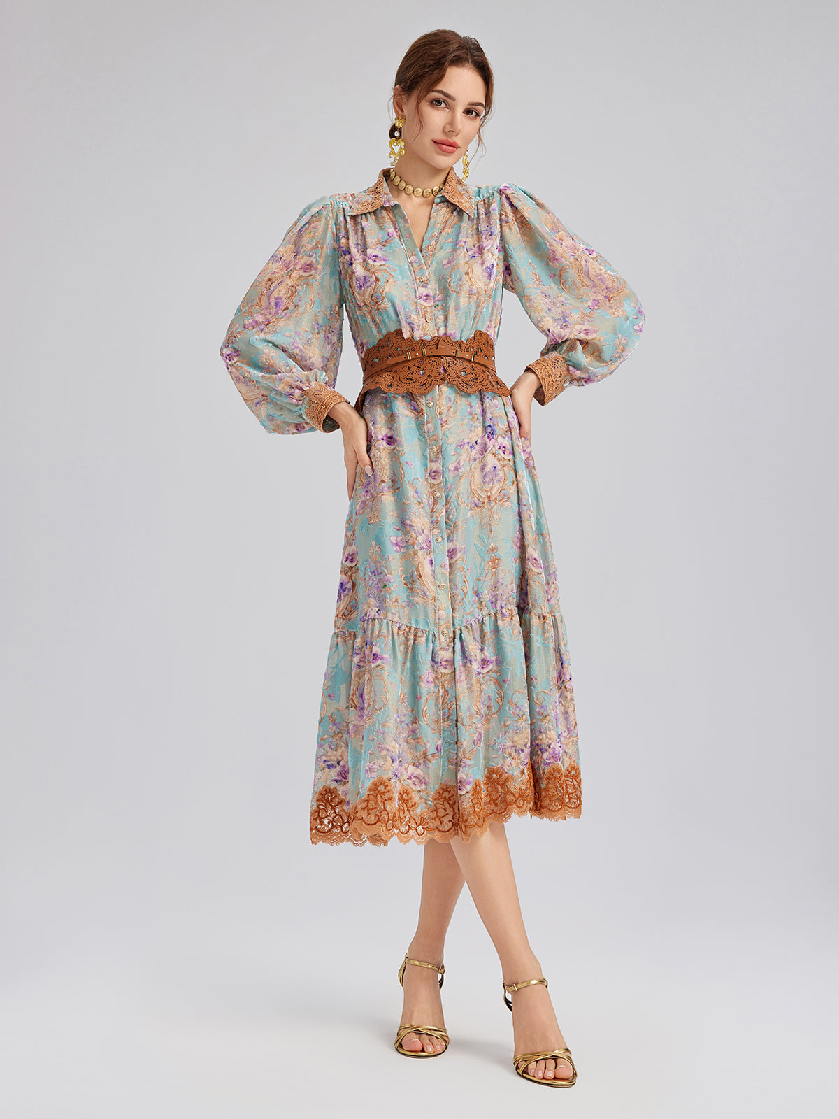 Silk Velvet Devor Floral Lace Trim Dress (Matching Belt Included), Blue / L Silk Velvet Devor Floral Lace Trim Dress (Matching Belt Included), Blue / L