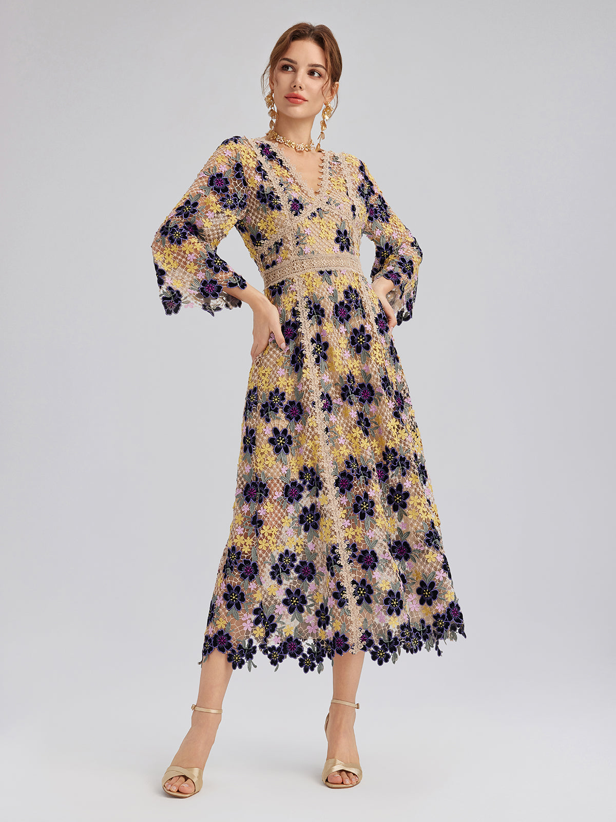Multicolor Floral Embroidered Lace Dress, VIOLET Floral / S