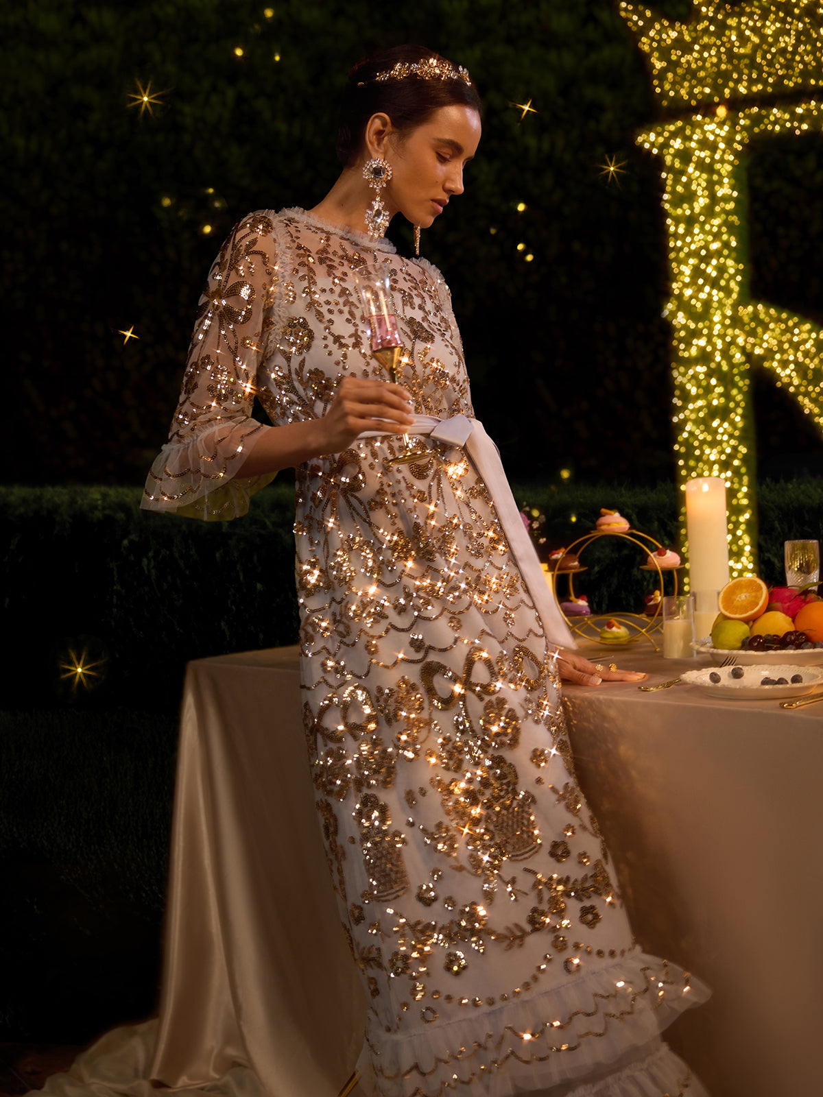 Gold Foil Mesh Heavywork Maxi Dress (Waist Tie Included)