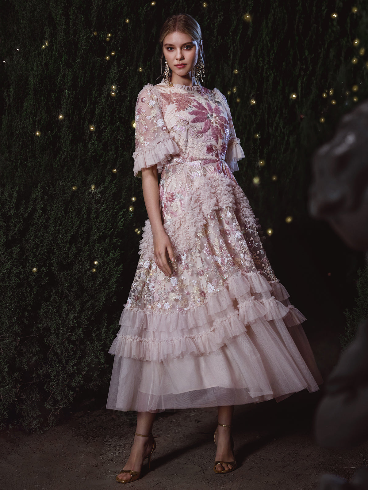 3D Floral Sequin Tulle Ruffle Dress