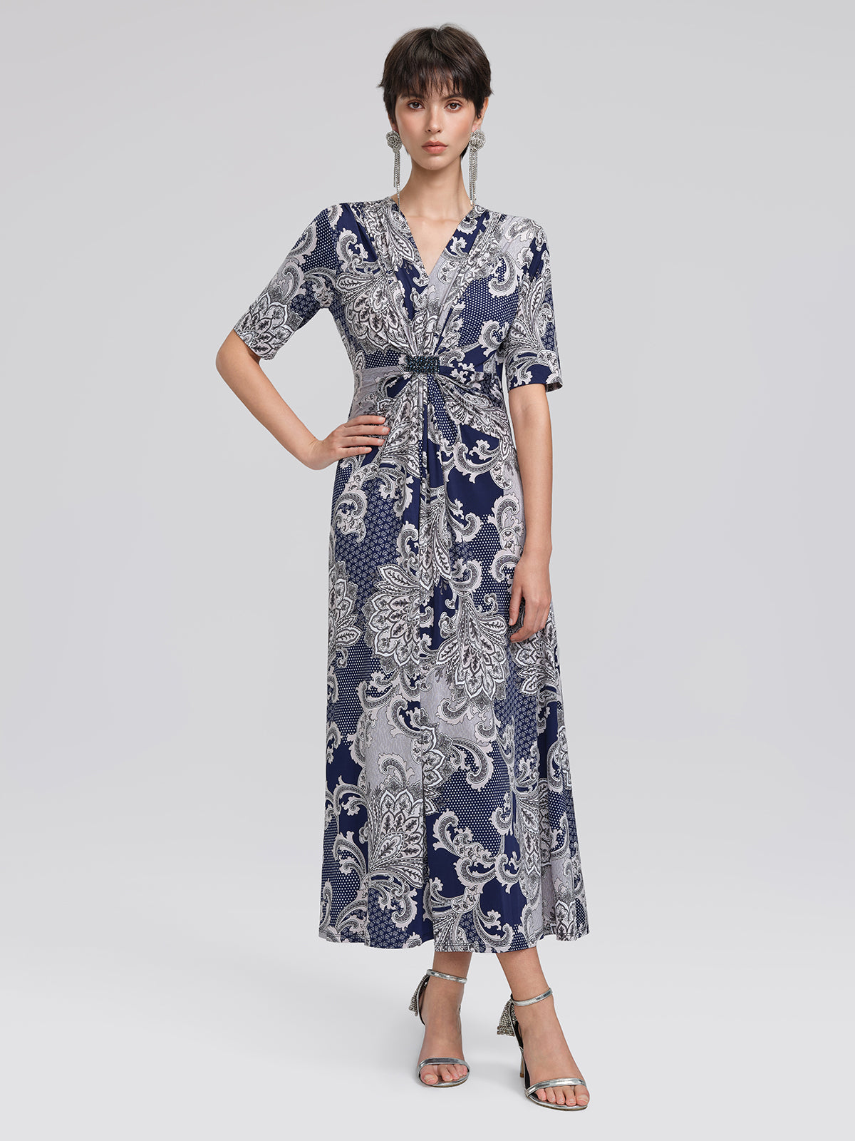 Paisley Print Twist Waist V-Neck Dress