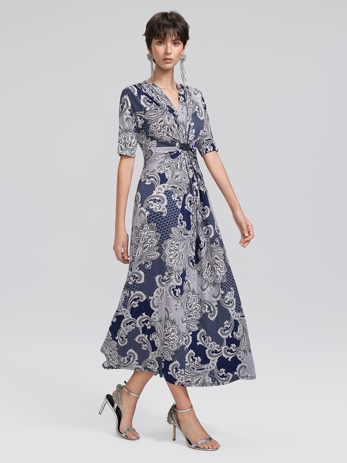 Paisley Print Twist Waist V-Neck Dress