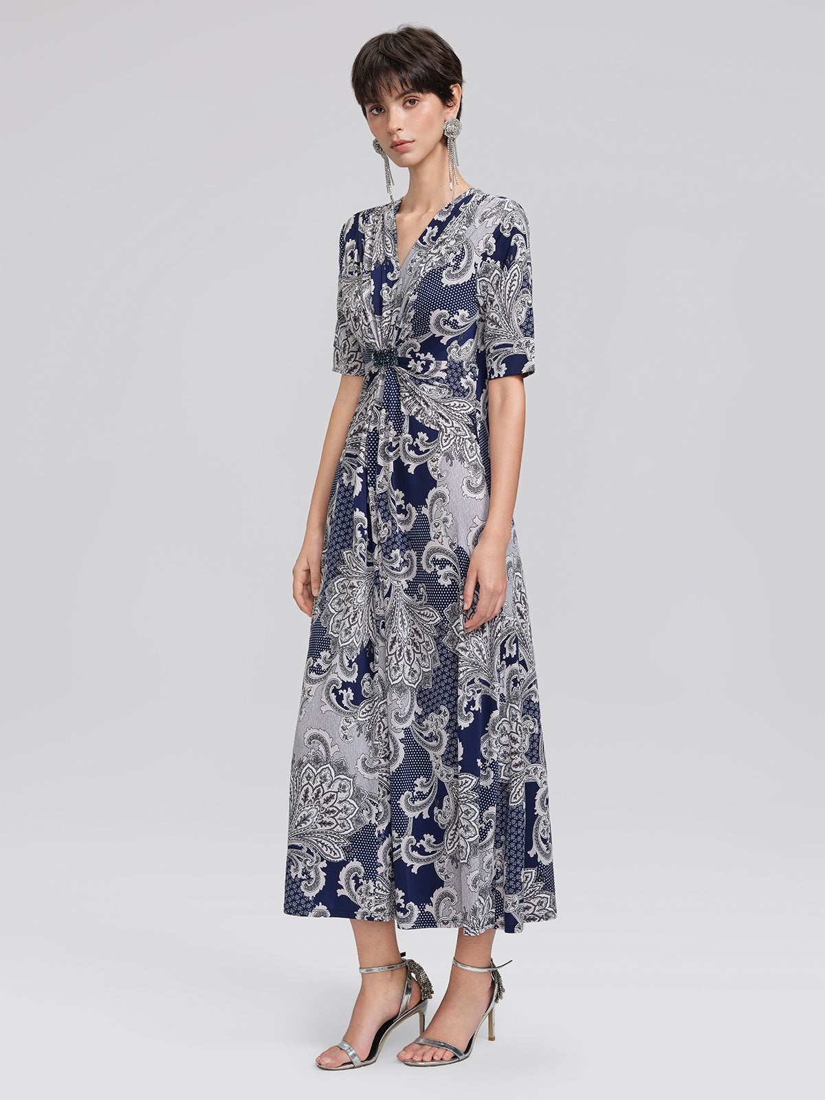Paisley Print Twist Waist V-Neck Dress