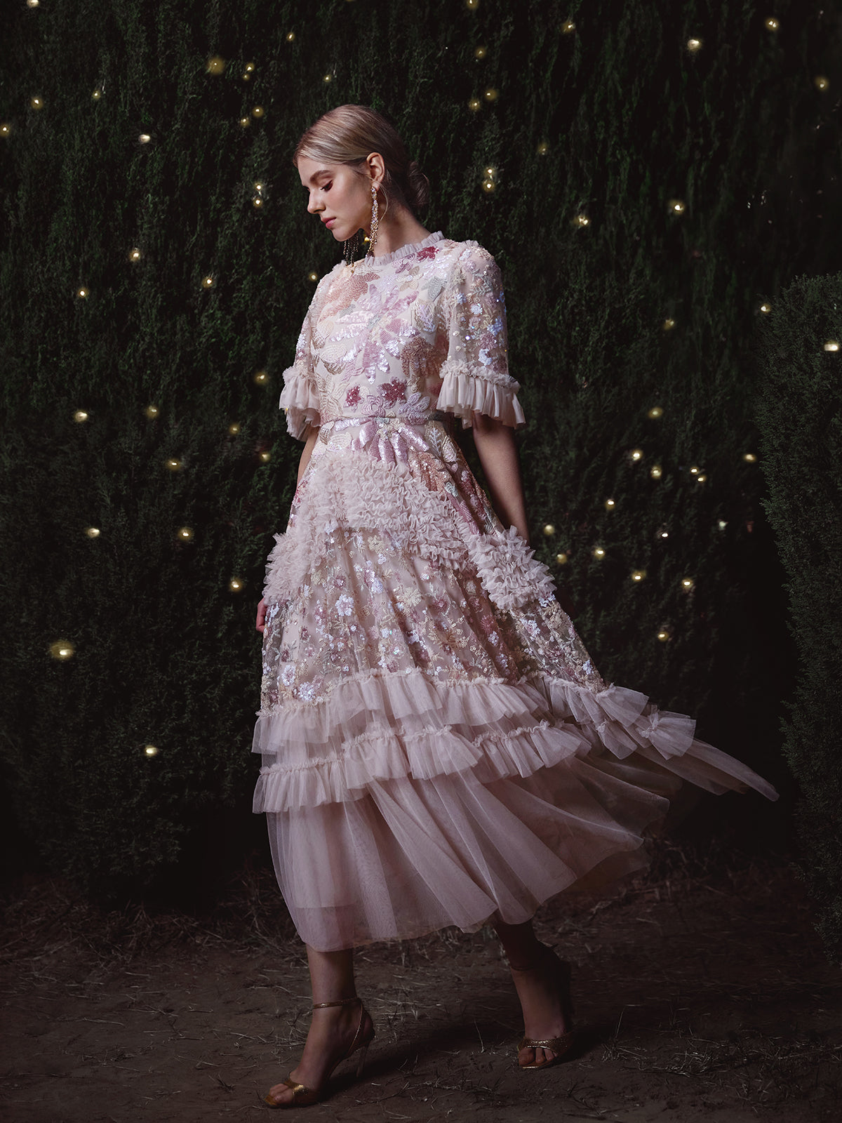 3D Floral Sequin Tulle Ruffle Dress