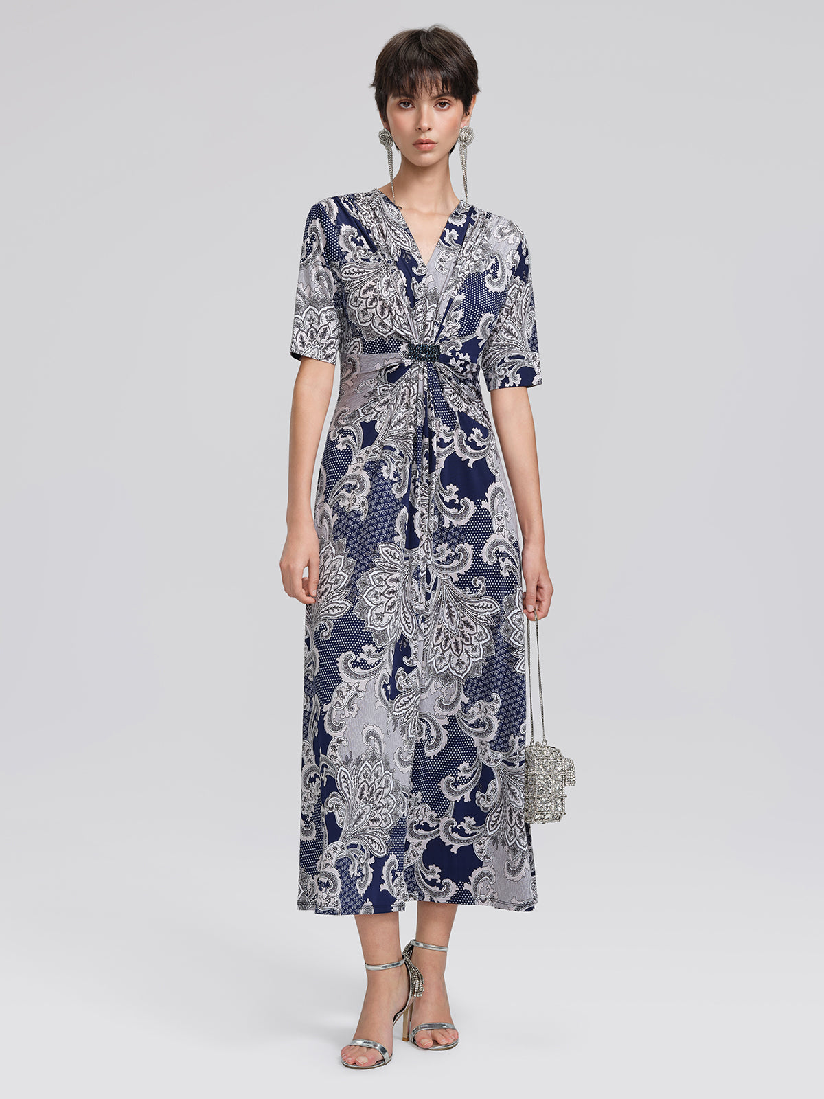 Paisley Print Twist Waist V-Neck Dress