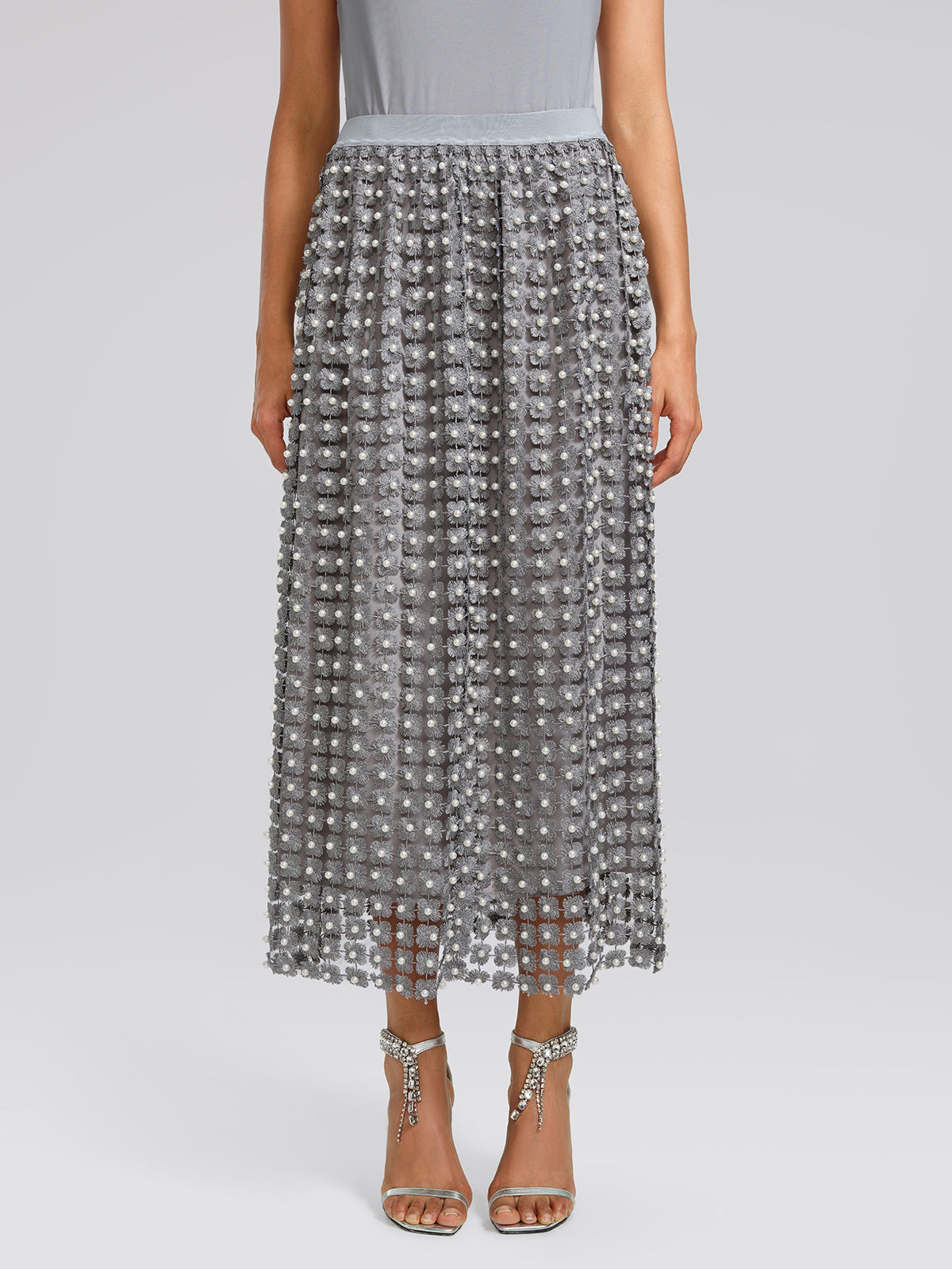 Floral Pearl-Embellished Elastic-Waist Skirt