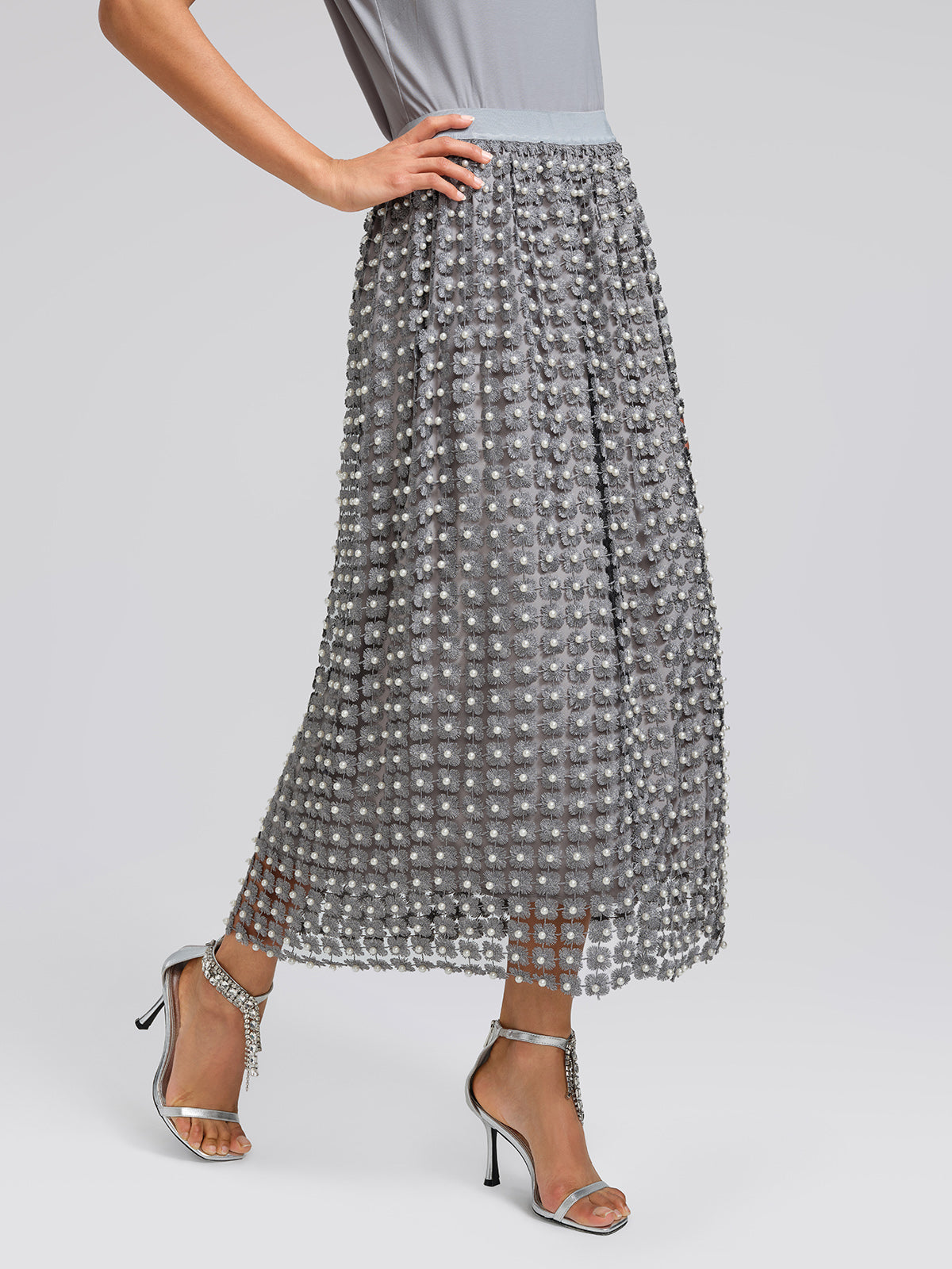 Floral Pearl-Embellished Elastic-Waist Skirt