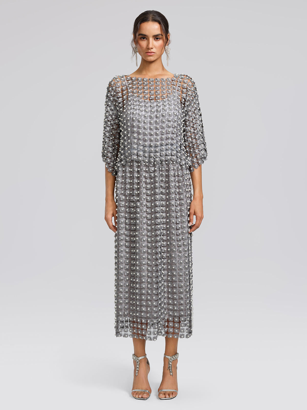 Floral Pearl-Embellished Elastic-Waist Skirt