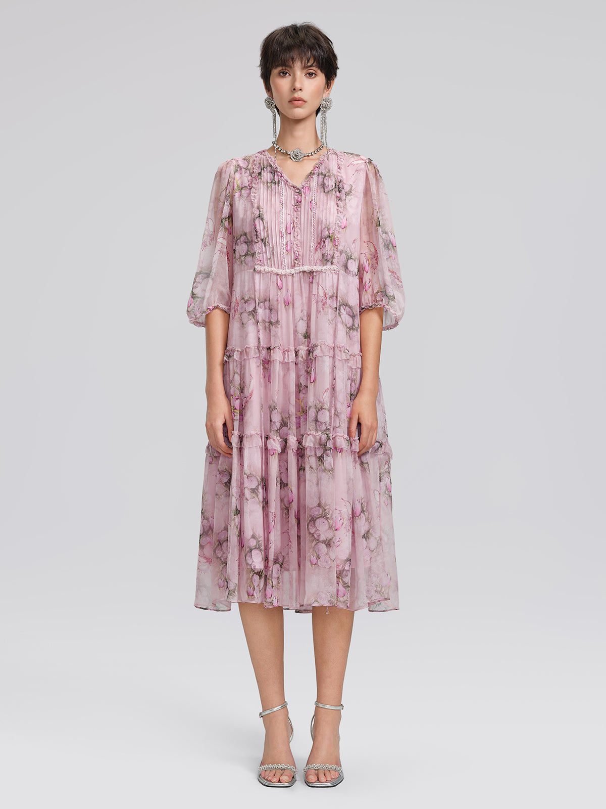 Accordion Pleated Silk Rose Print Dress
