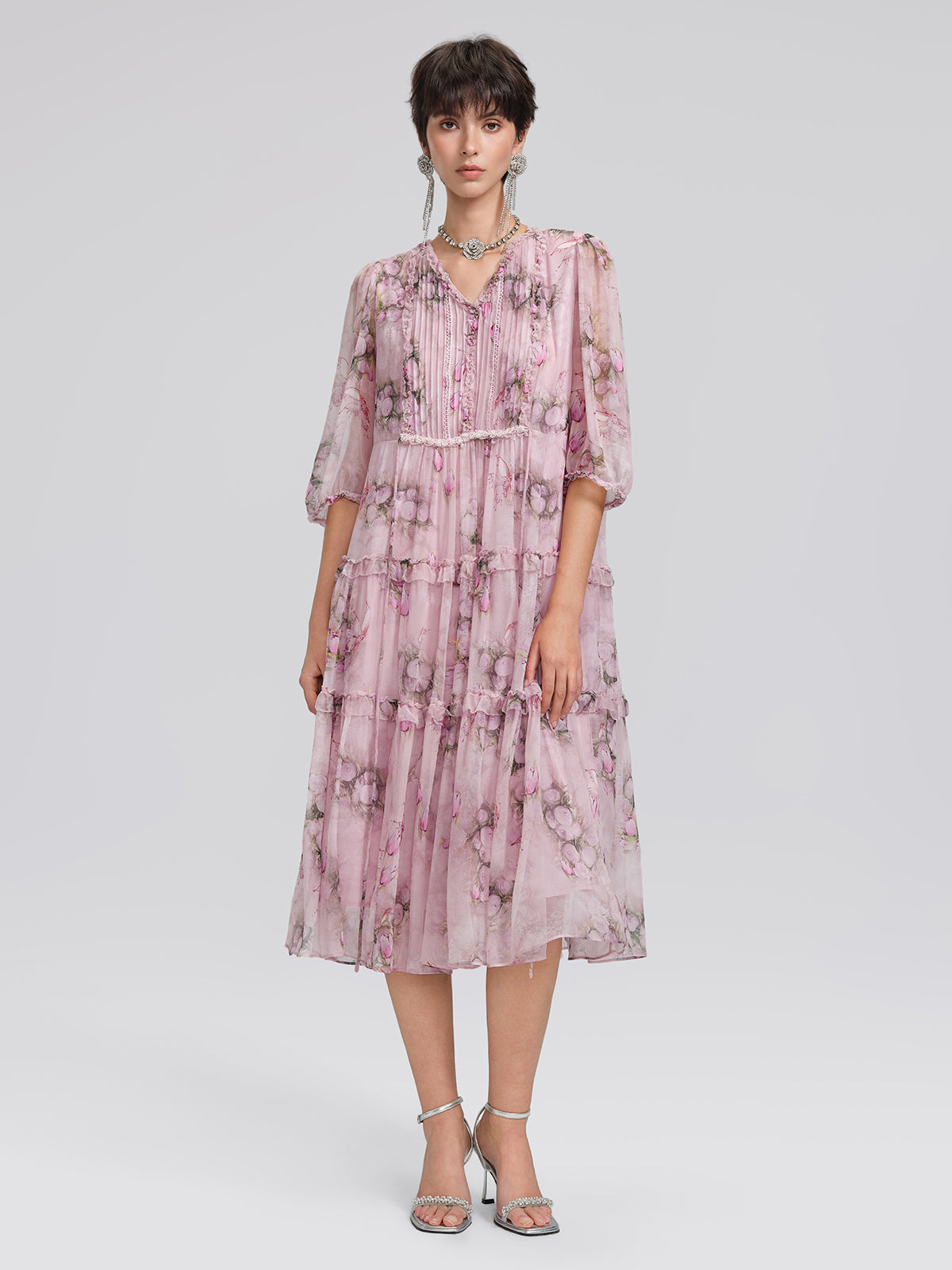 Accordion Pleated Silk Rose Print Dress