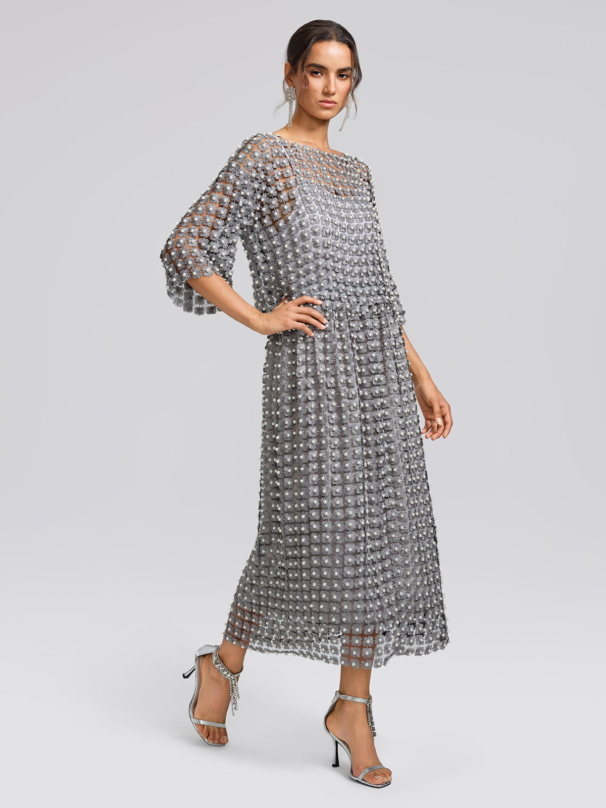 Floral Pearl-Embellished Elastic-Waist Skirt