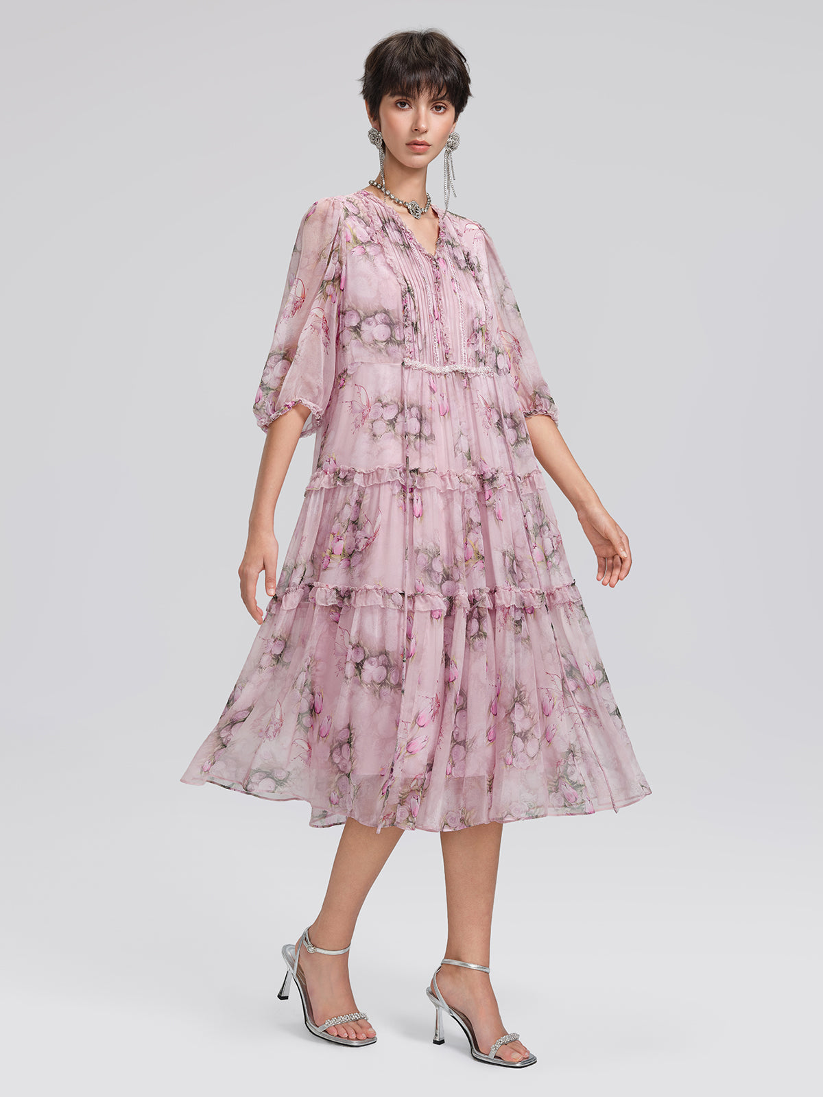 Accordion Pleated Silk Rose Print Dress