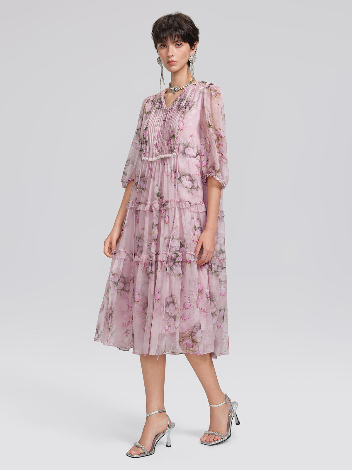 Accordion Pleated Silk Rose Print Dress