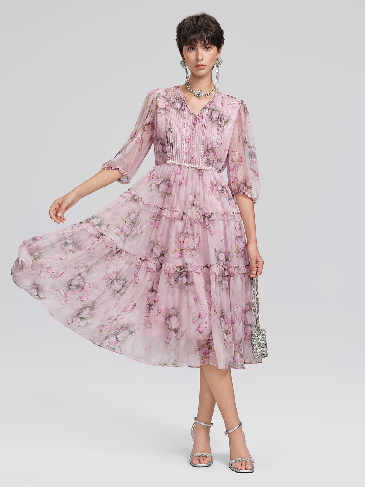 Accordion Pleated Silk Rose Print Dress
