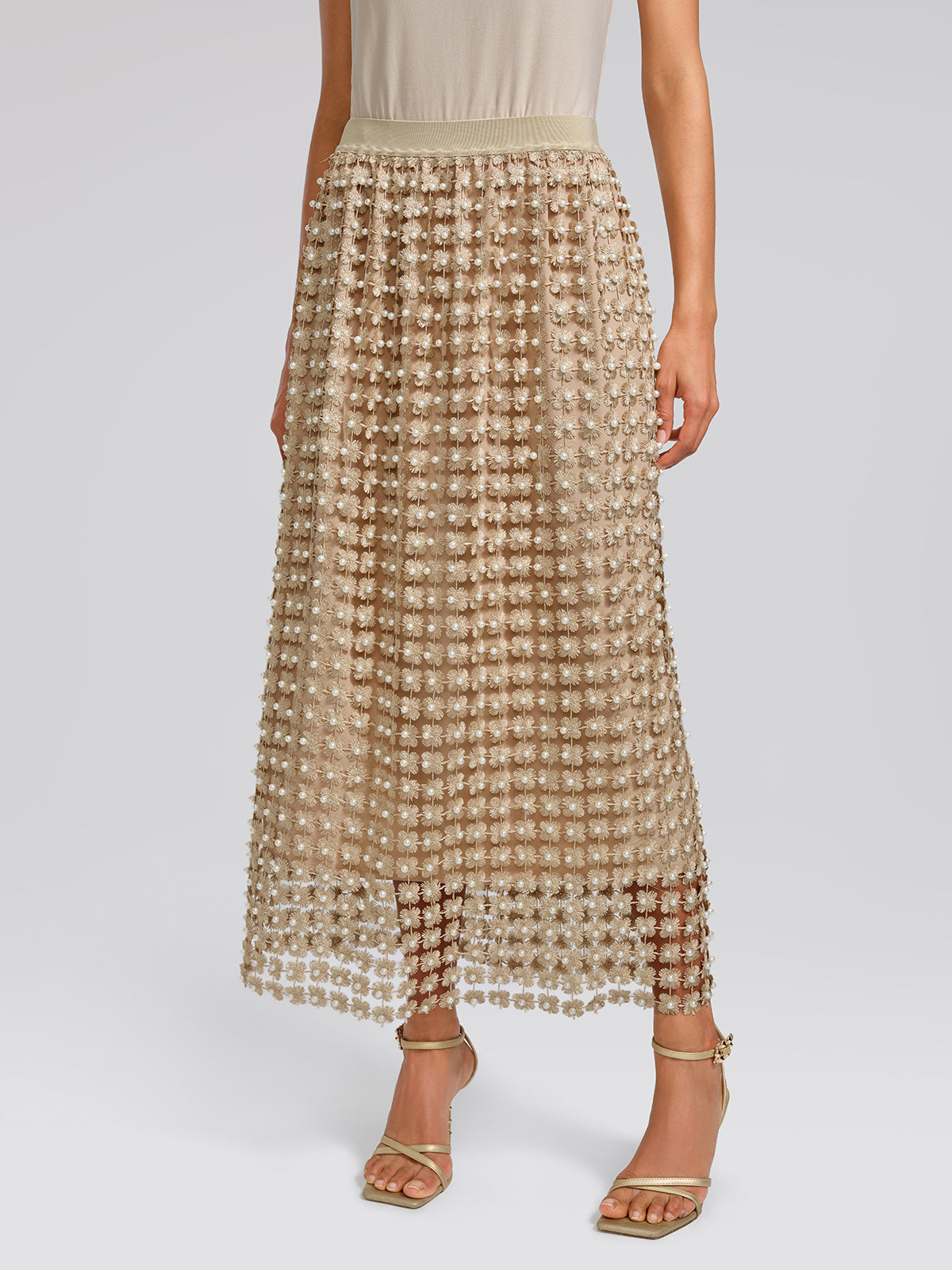 Floral Pearl-Embellished Elastic-Waist Skirt