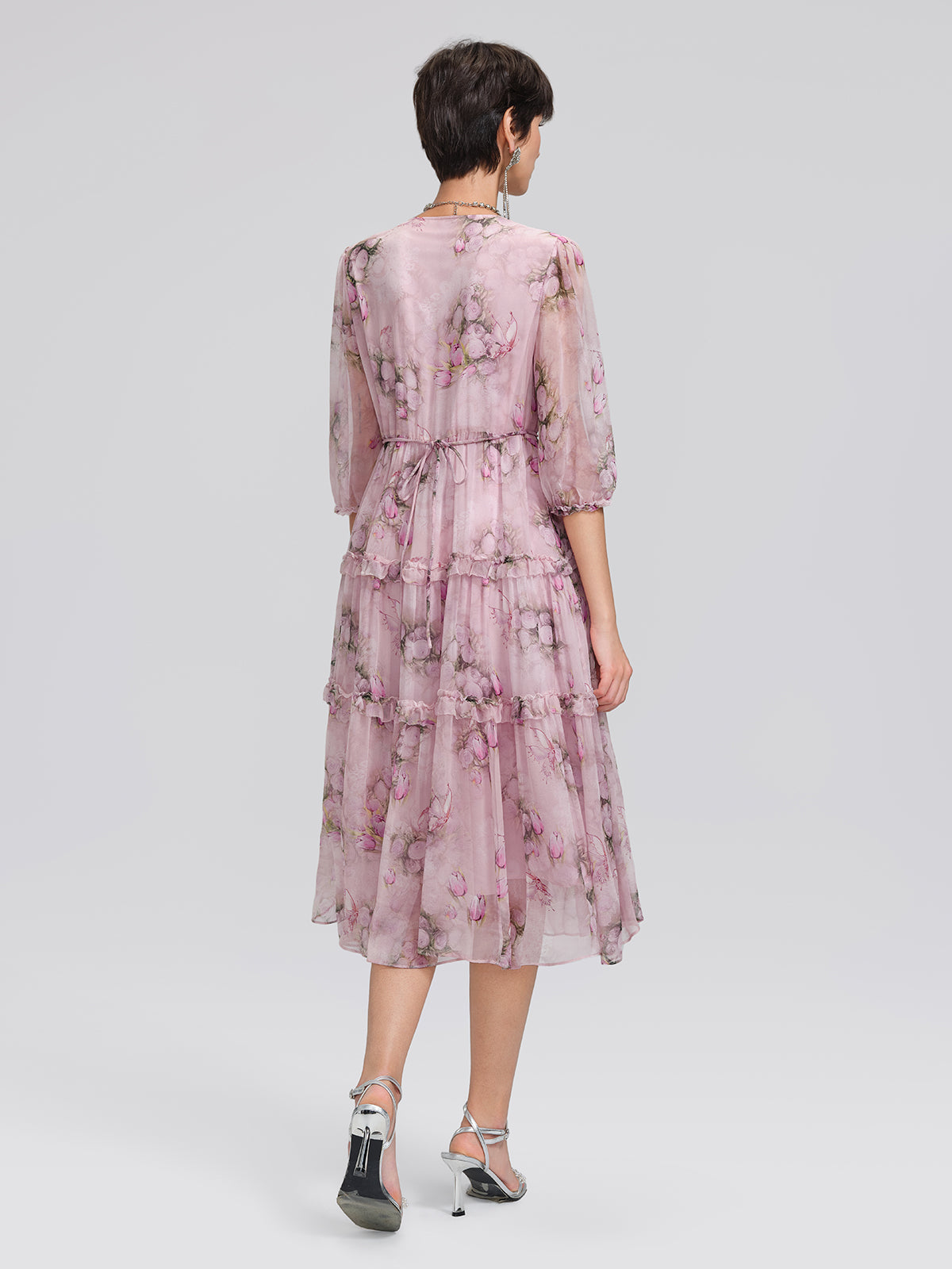 Accordion Pleated Silk Rose Print Dress