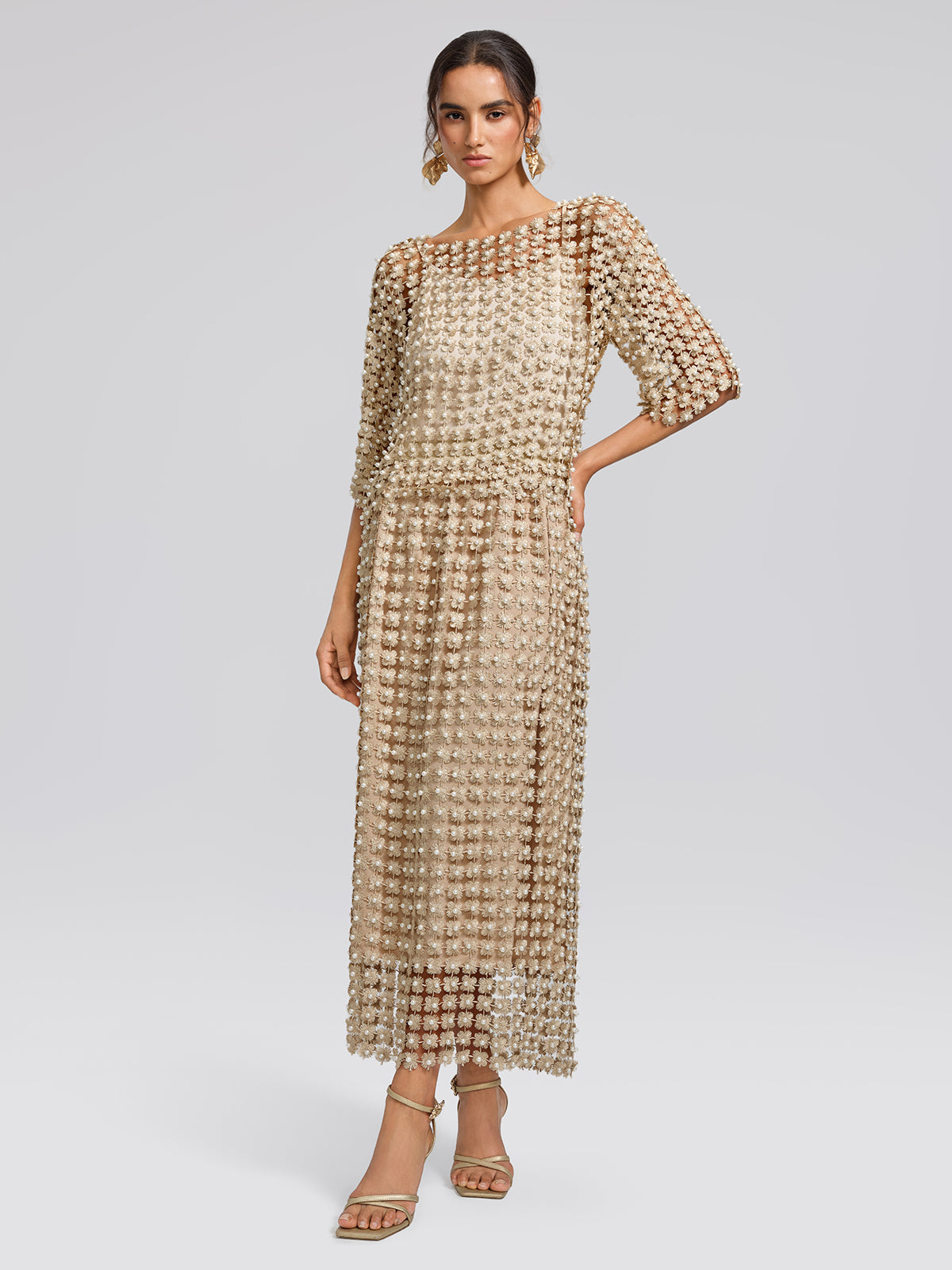 Floral Pearl-Embellished Elastic-Waist Skirt