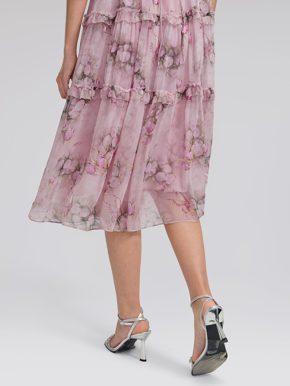 Accordion Pleated Silk Rose Print Dress