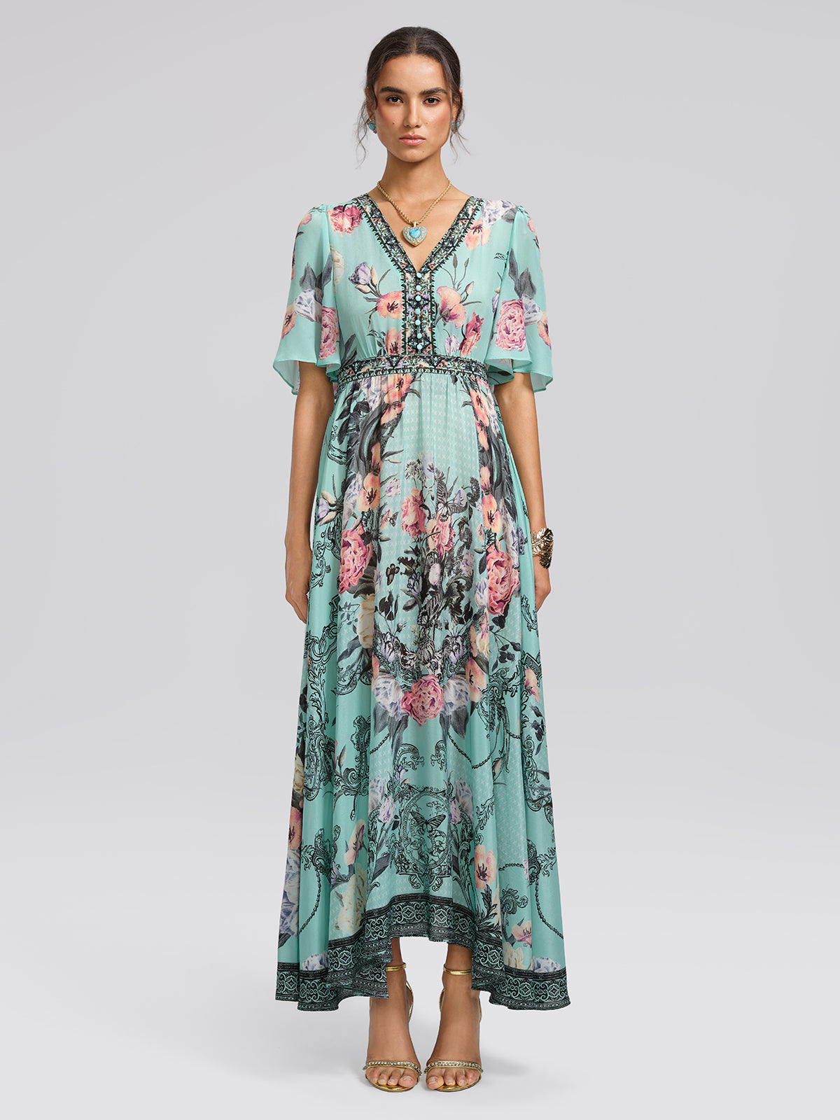 100% Silk Printed Flared-Sleeve Resort Maxi Dress