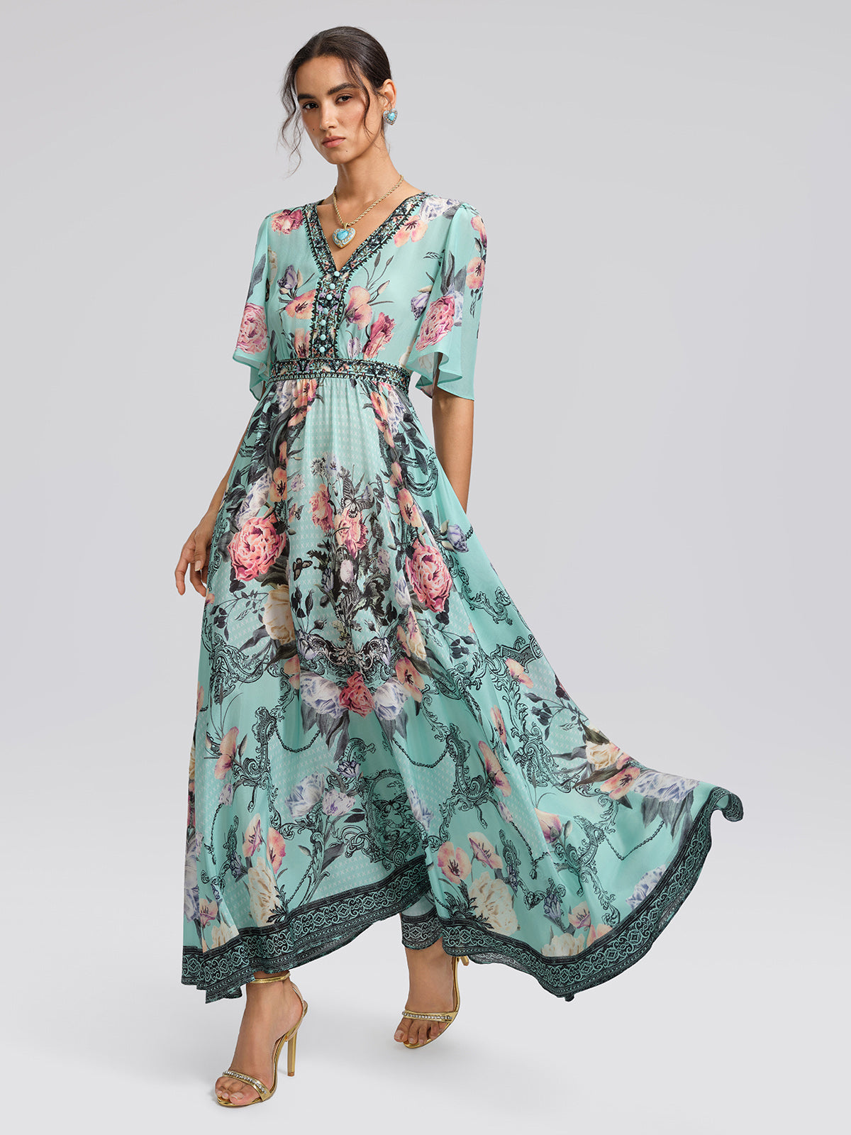 100% Silk Printed Flared-Sleeve Resort Maxi Dress