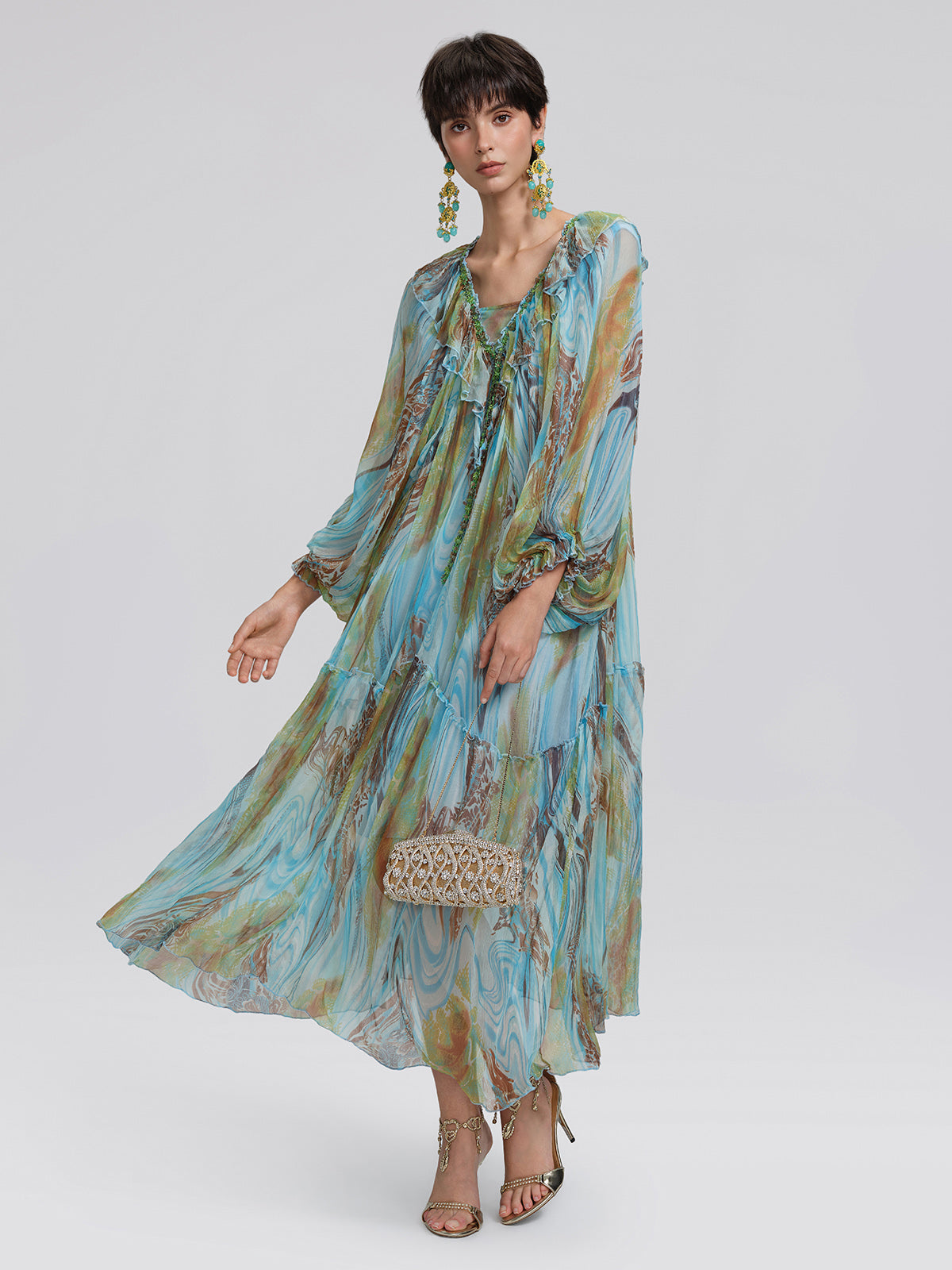 Silk Ombre Print Batwing Sleeve Dress