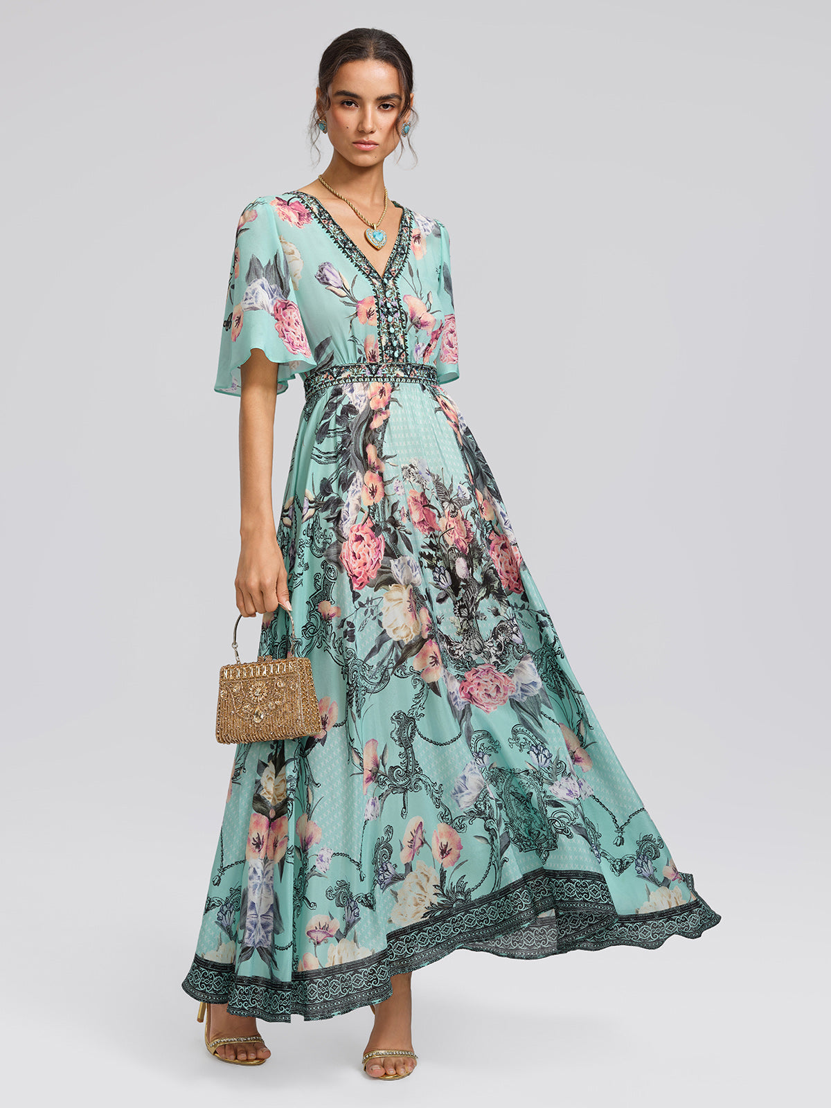 100% Silk Printed Flared-Sleeve Resort Maxi Dress