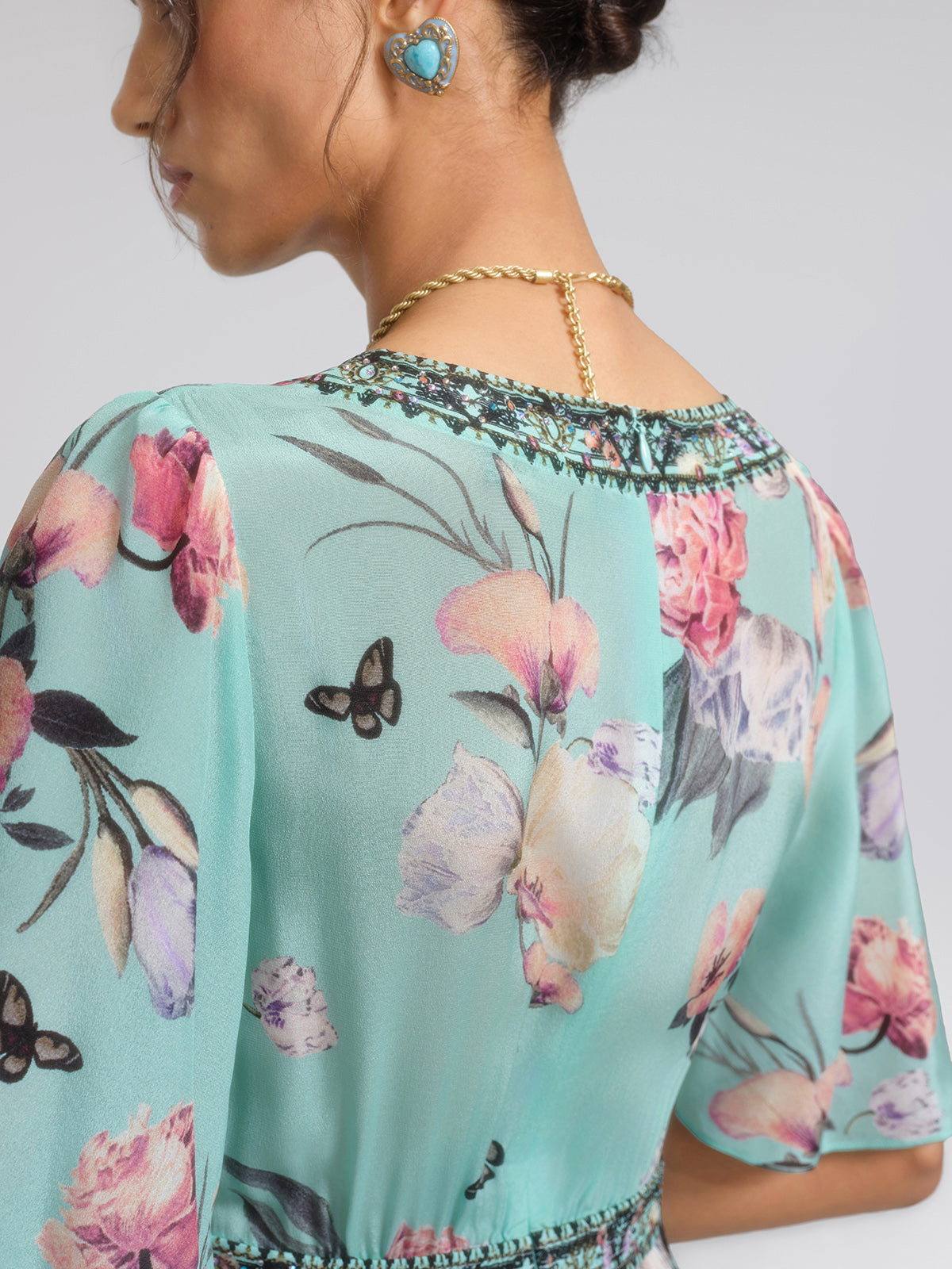 100% Silk Printed Flared-Sleeve Resort Maxi Dress