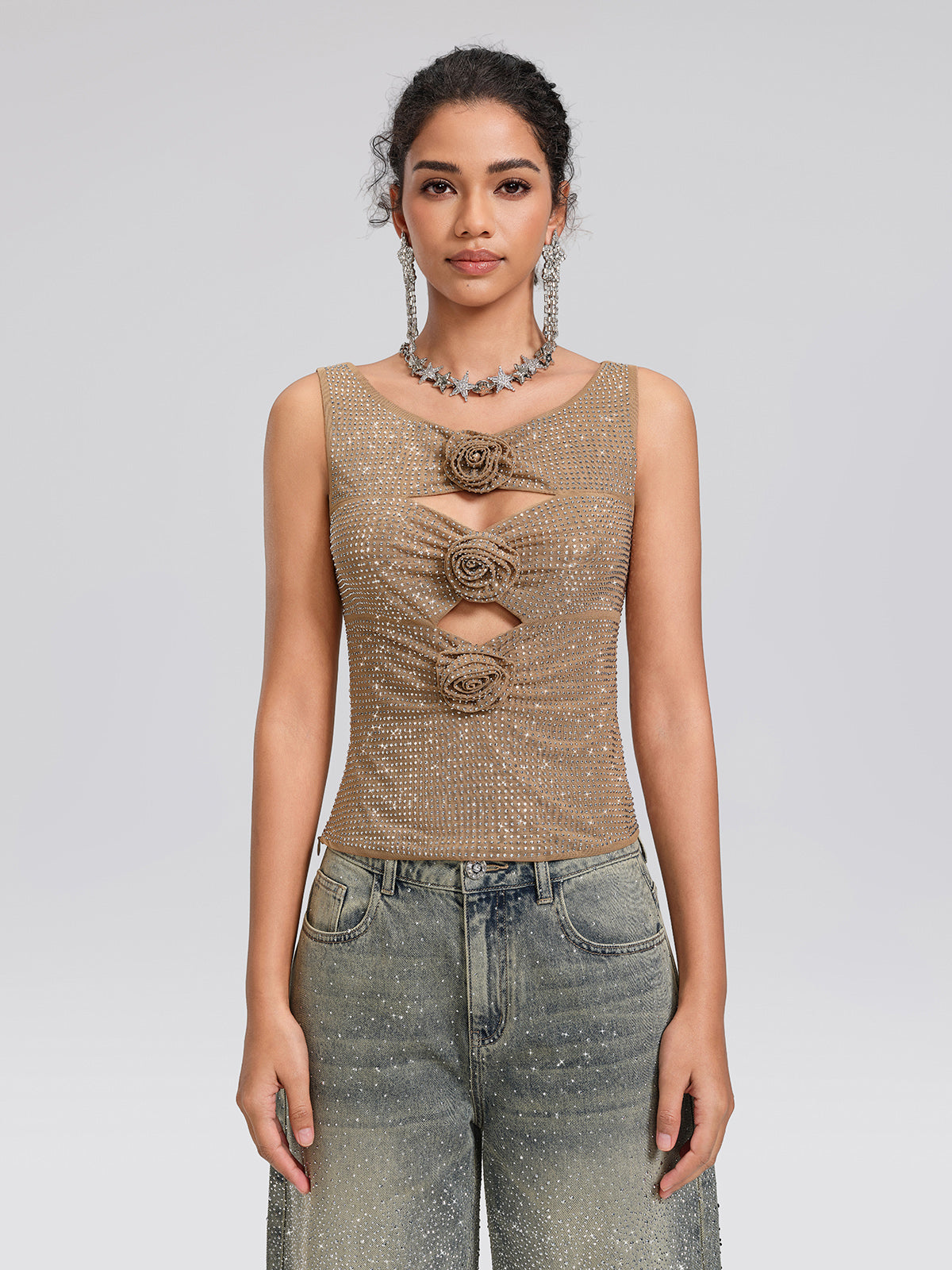 Rhinestone Rose Cutout Mesh Vest